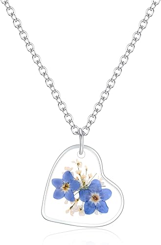 Miniatura 7 de Forget-Me-Not and Queen Anne's Lace Pressed Wildflower Necklace Birth Month Real Flower Necklace Gold/Silver Pressed Flower Jewelry