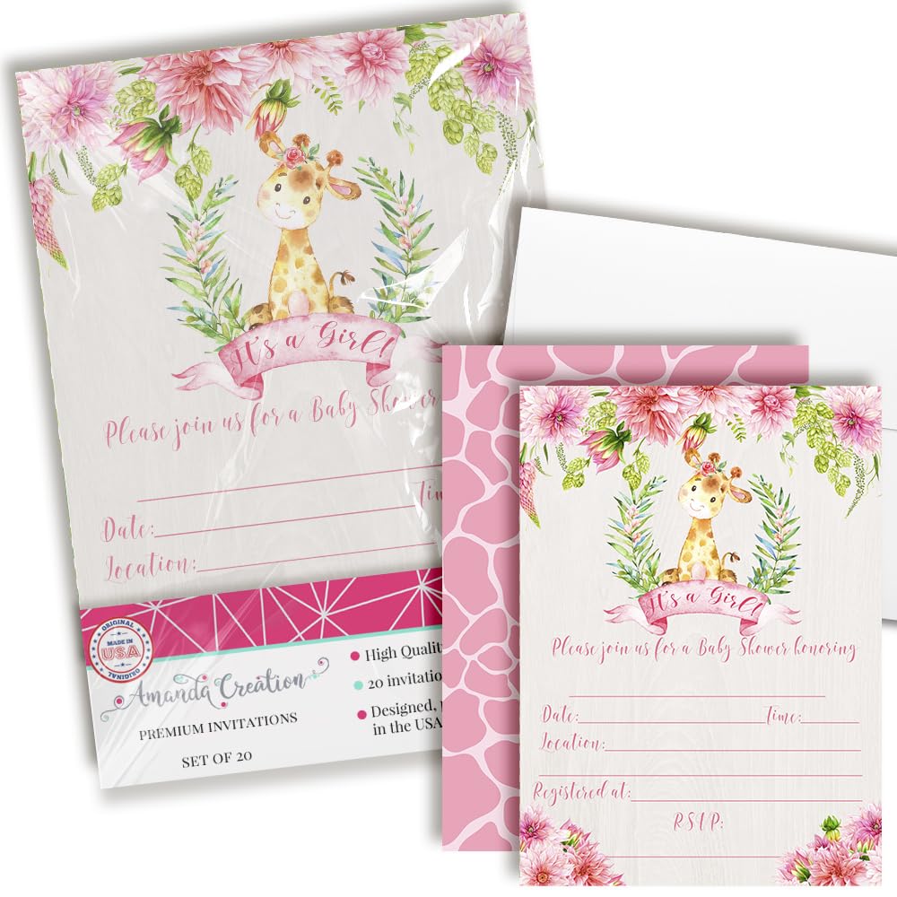 Watercolor Dahlia Floral Giraffe-Themed Baby Girl Sprinkle Shower Invitations, 20 5x7 Fill In Cards with Twenty White Envelopes by AmandaCreation