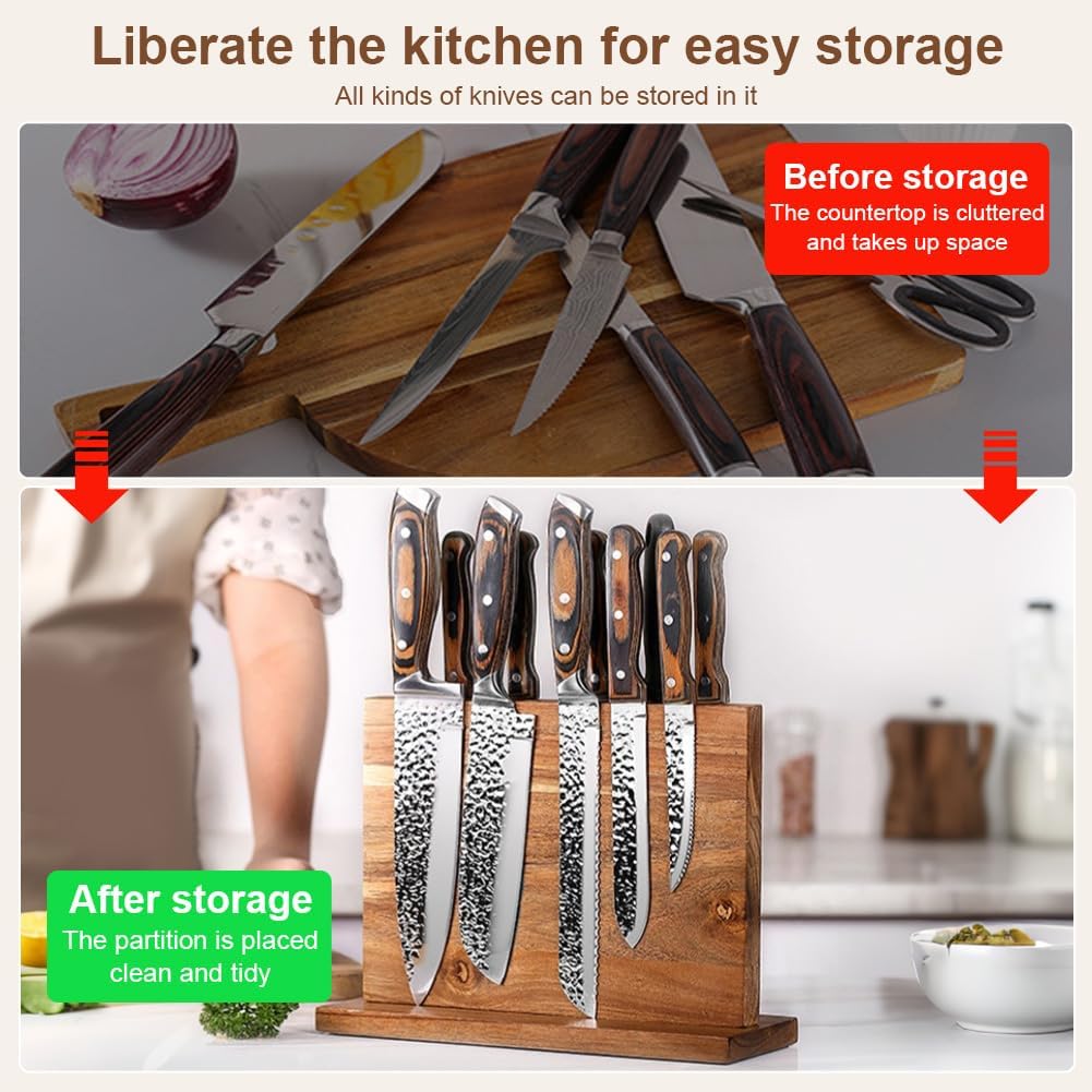 ETOYA Double-Sided Magnetic Knives Block, Acacia Wood Universal Knives Holder with Strong Enhanced Magnets & Anti-Slip Base, Countertop Storage Organizer for All Kitchen Knives Types