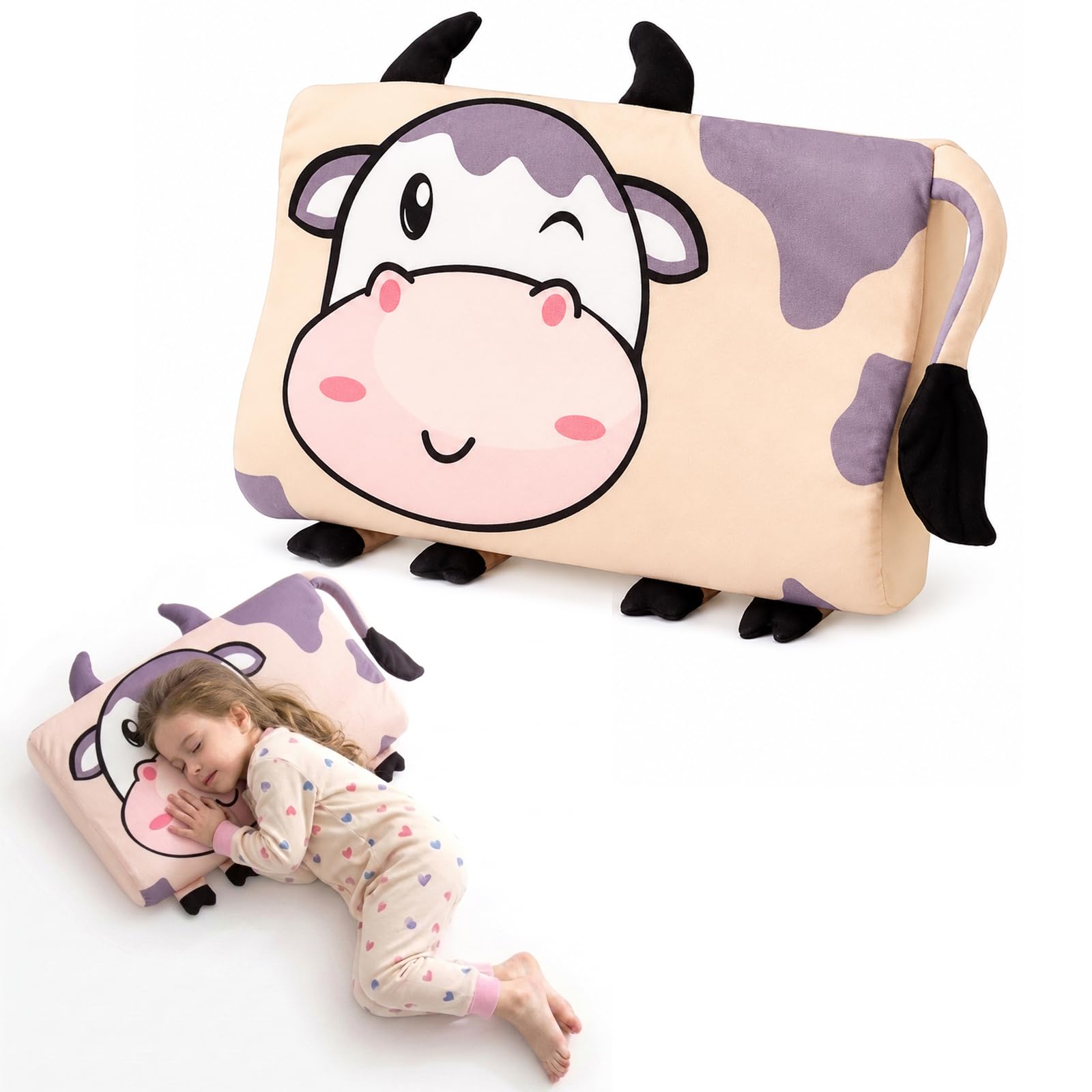 champracer Schlummerkids Kissen, Calmly Kinderkissen, Kinderkopfkissen, Atmungsaktives Ergonomisches Kissen für Jungen und Mädchen mit Niedlichen Tierdesigns (Kuh,45 * 27 * 6 cm)