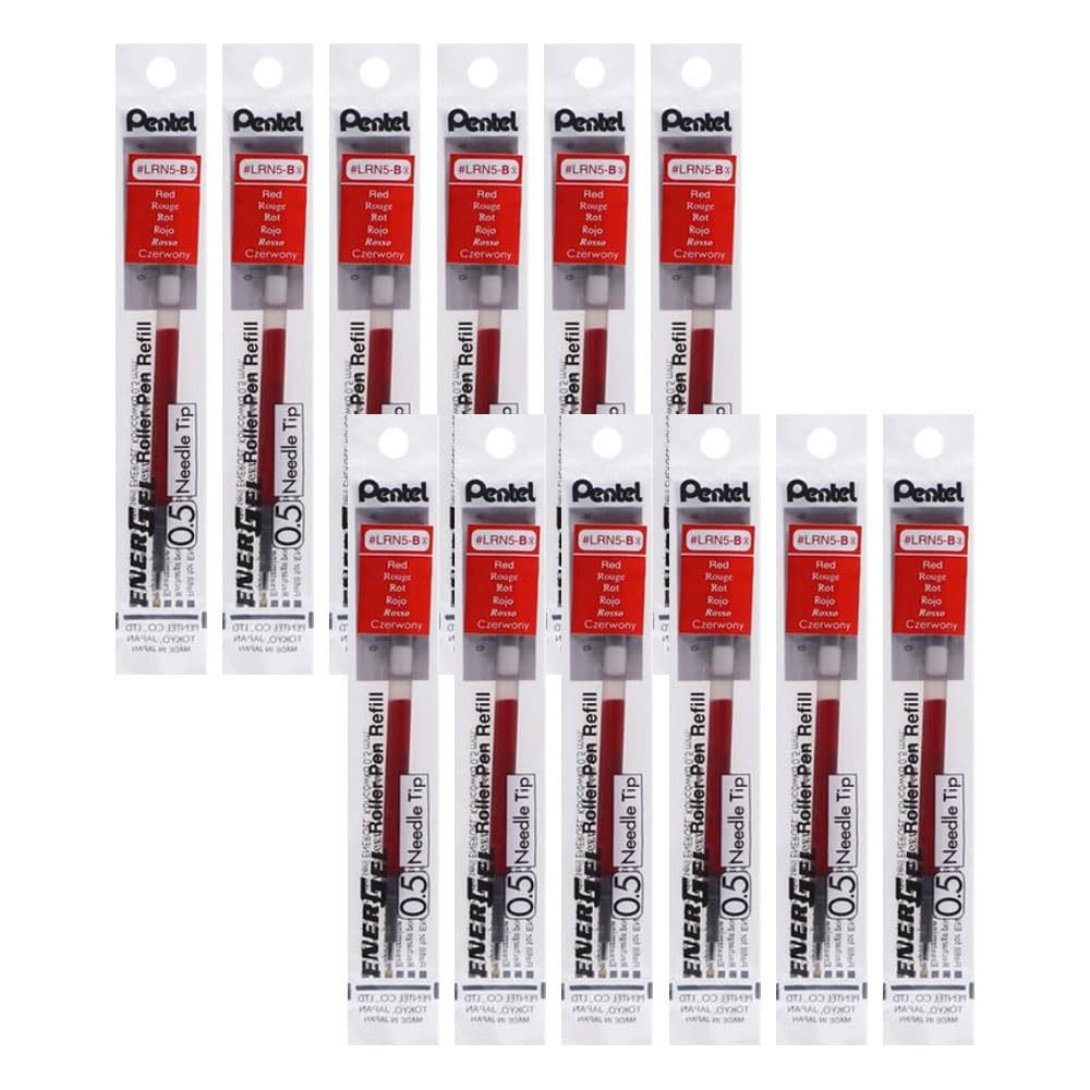 Pentel Refill Ink for EnerGel Liquid Gel Pen, 0.5mm, Needle Tip, Red Ink, Box of 12 (LRN5-B-12)