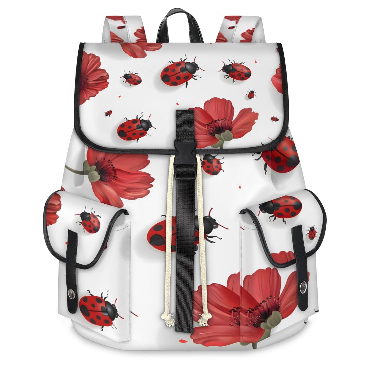 Red Ladybugs Poppy Floral Travel Laptop Backpack for Women Men Large Capacity Waterproof 15 Inch Computer Drawstring Nurse Casual Daypack for Travel Sports