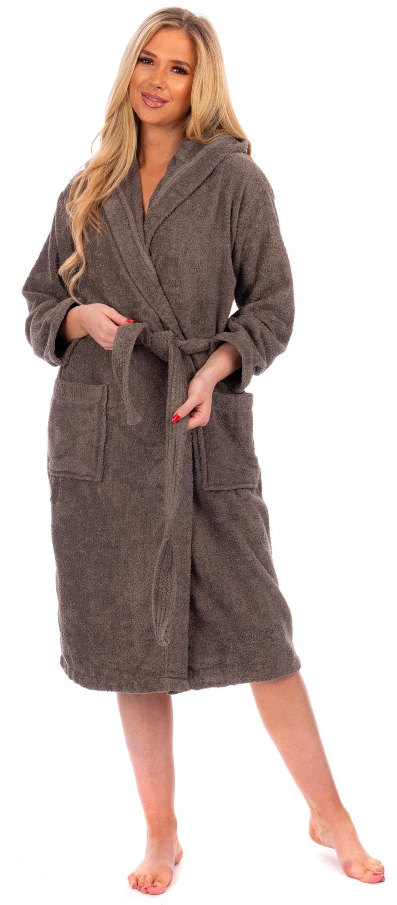 Adore Home Ladies 100% Cotton Hooded Bathrobe Terry Towelling Shawl Collar Bath Robe Dressing Gown