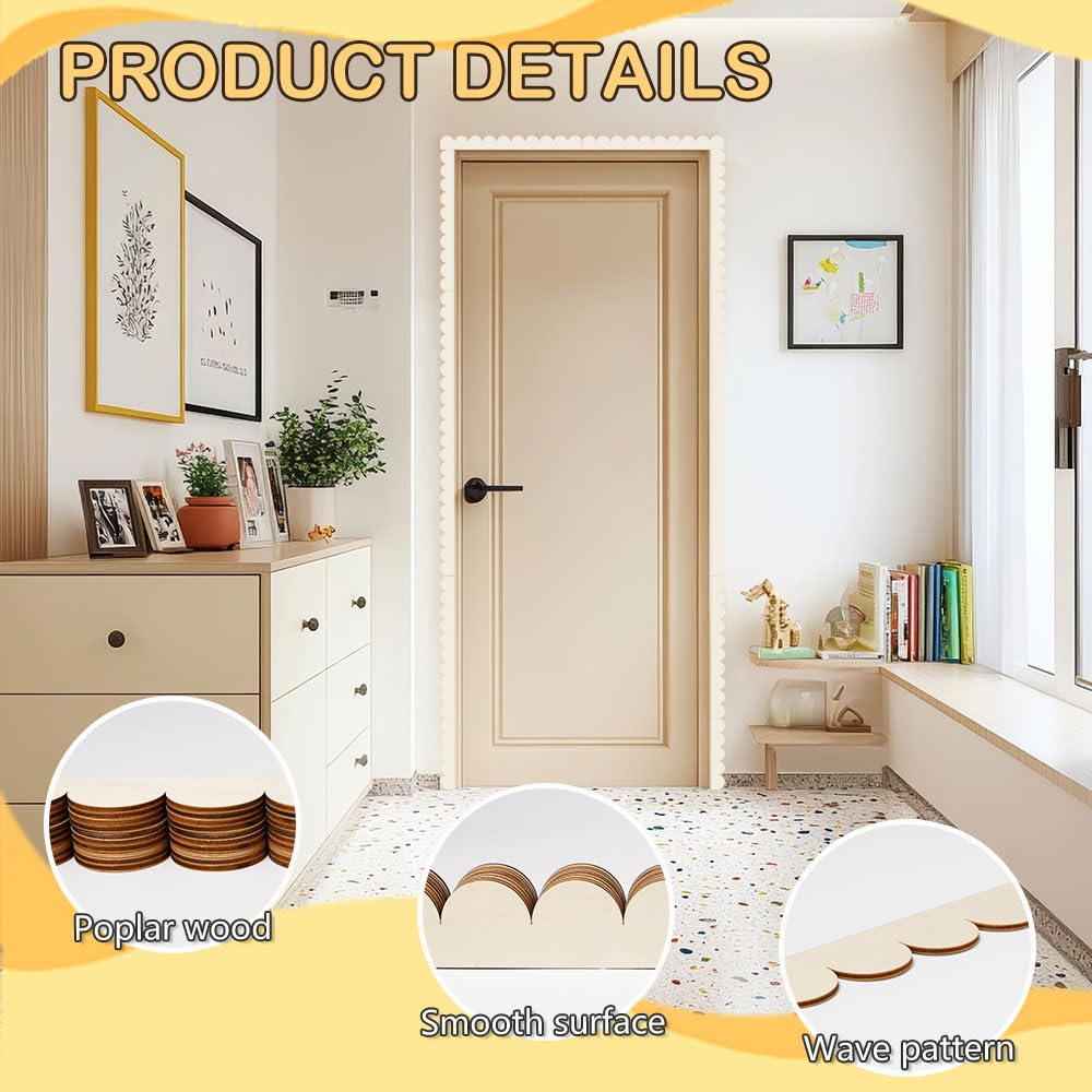 50 Piezas Moldura de Madera Decorativa Ondas 40 x 4 cm Listón Madera Festoneada Sin Terminar Moldura madera Pared con Puntos Adhesivos para Gabinete,Estante,Ventana,Puerta
