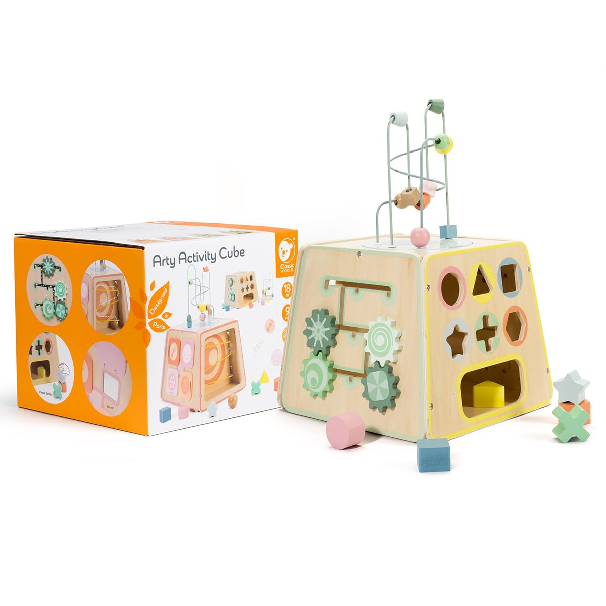 Classic World Cubo motorio Arty in Legno Multifunzione Giocattolo educativo per Bambini Cinque Lati