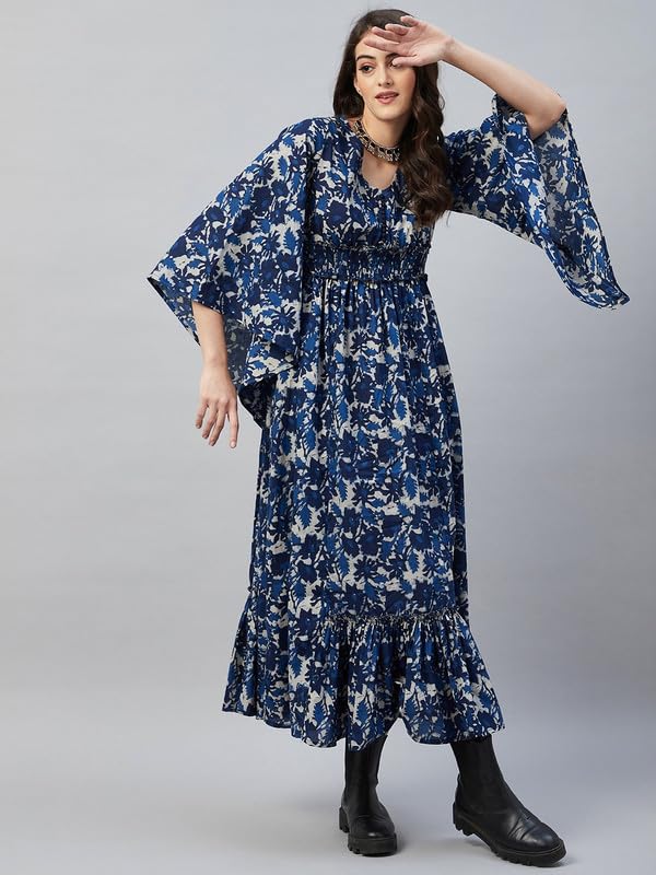 Image of Aaheli Women's Floral Printed Cotton Maxi Dress | Fit & Flare Long Dress with Smocked Waist & Bell Sleeves | Elegant Casual, Party Navy Blue