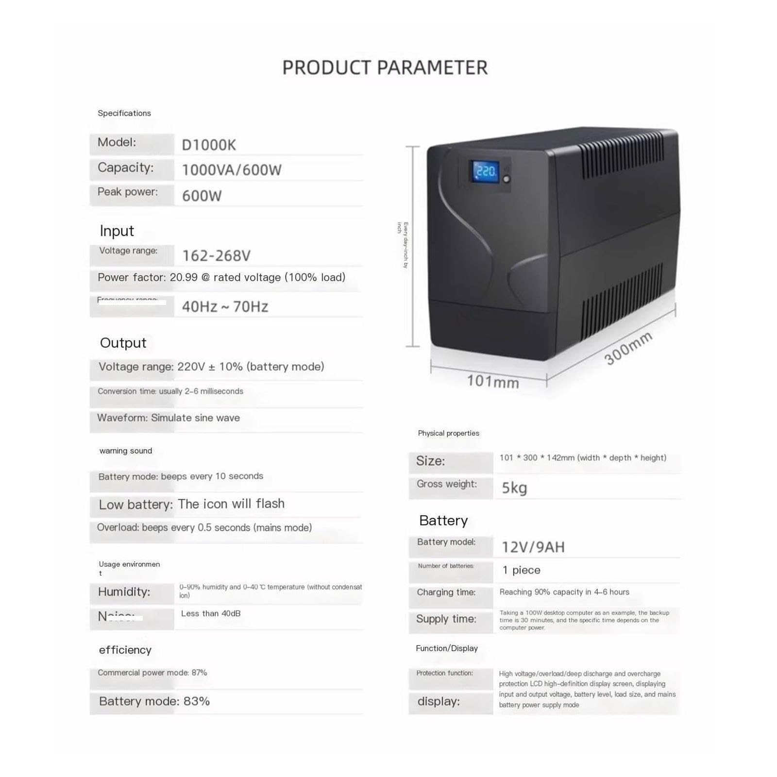 Alimentación ininterrumpida de UPS, Torre UPS de D1000K 600W 1000VA