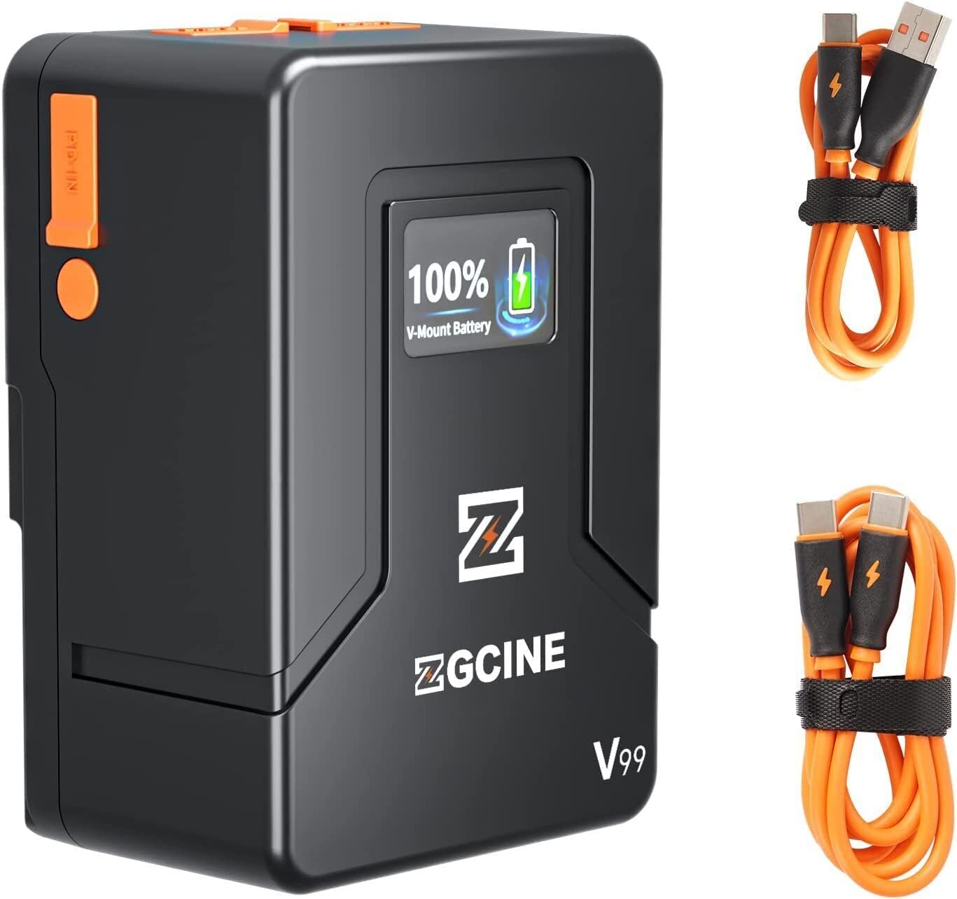 ZGCINE ZG-V99 V-Mount Battery being placed into a backpack pocket, with dimensions (Length 4.33in, Width 2.2in, Height 2.95in, Weight 1.17lbs) shown below.