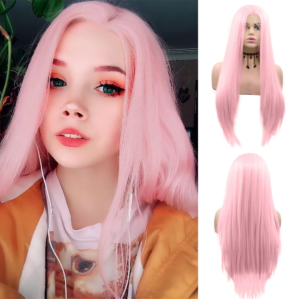 AFBeauty Pink Lace Front Wig for Women Long Straight Pastel Pink Middle Part Wig Synthetic Glueless wig Heat Resistant Fiber Party Cosplay Soft Wigs - Image 2