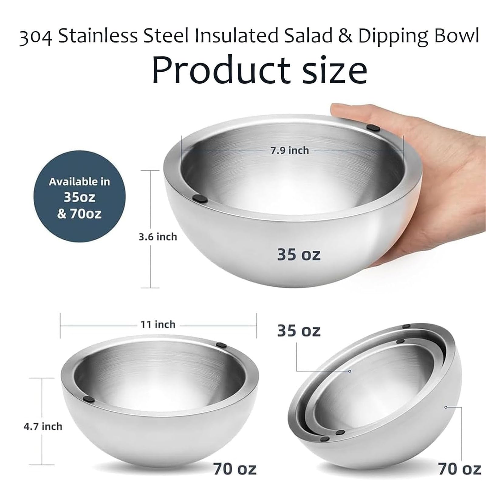 Genérico Ensaladera y Recipiente para Salsas de Acero Inoxidable 304 con Aislamiento de Doble Pared, para Servir Alimentos Calientes Y FríOs con Dos Orificios de Agua Para Salsas FríAs(2pcs)