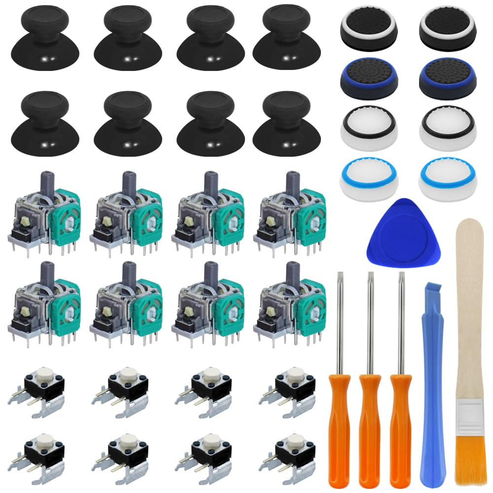 Kit de piezas de repuesto de 38 piezas de joysticks, botones de parachoques de para pulgares, palillos de repuesto, silicona para sombrero, cepillo, cubiertas de sombrero, 8 unidades cada una