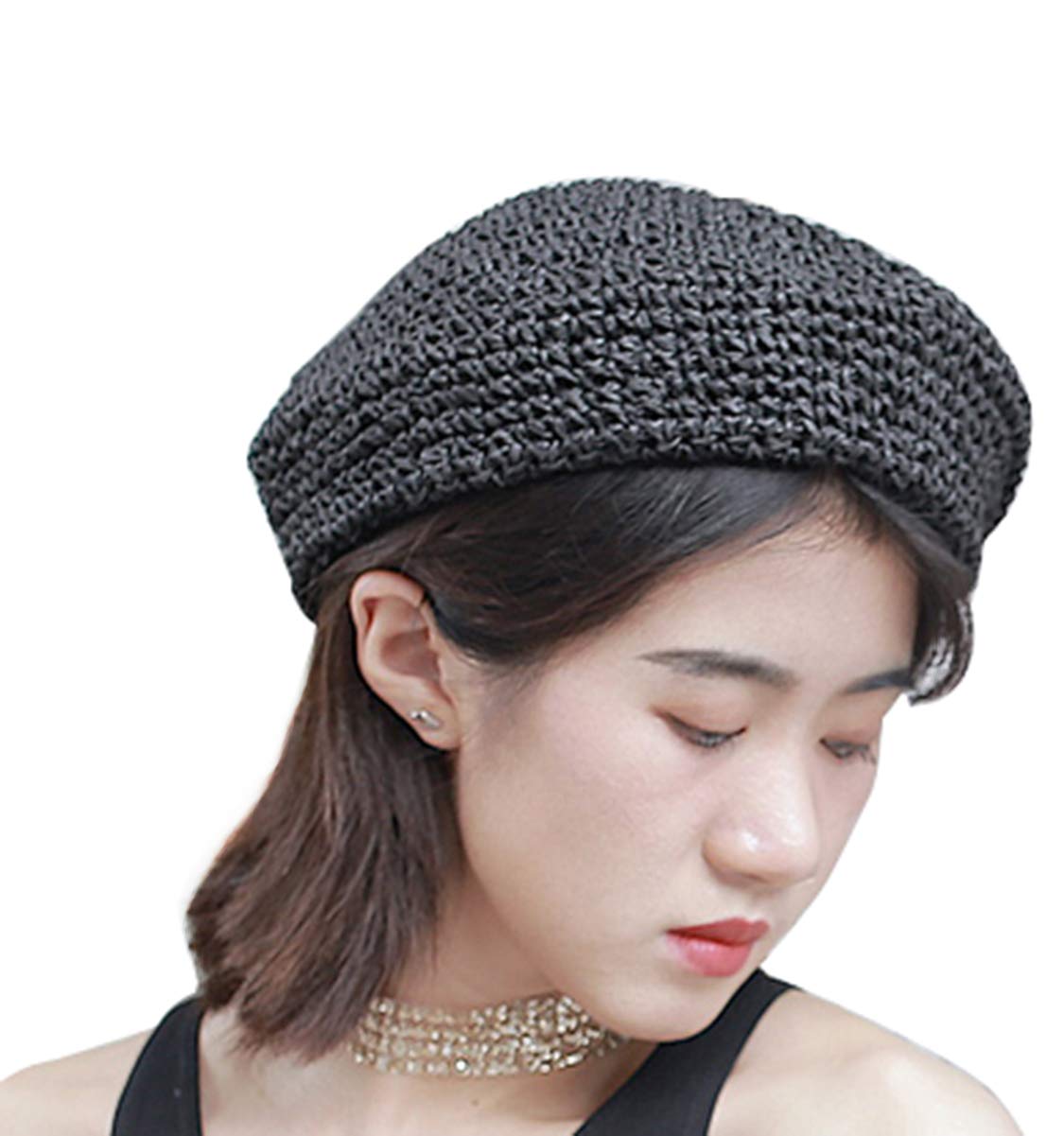 Straw Beret Solid Plain Flat Top Woven Berets French Style Painters Hat Cap, Black, One Size