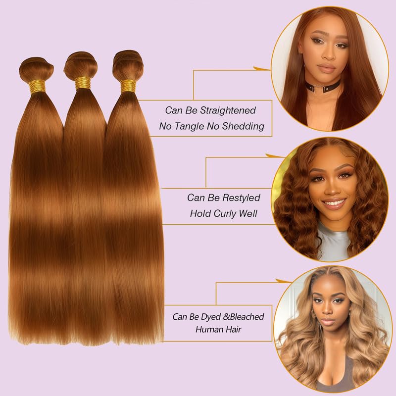 #30 Light Brown Straight Human Hair Bundles 10 12 14 Inch Bundles Human Hair Straight Brazilian Virgin Quick Weave Hair for Black Woman 100 Gram Per Bundle