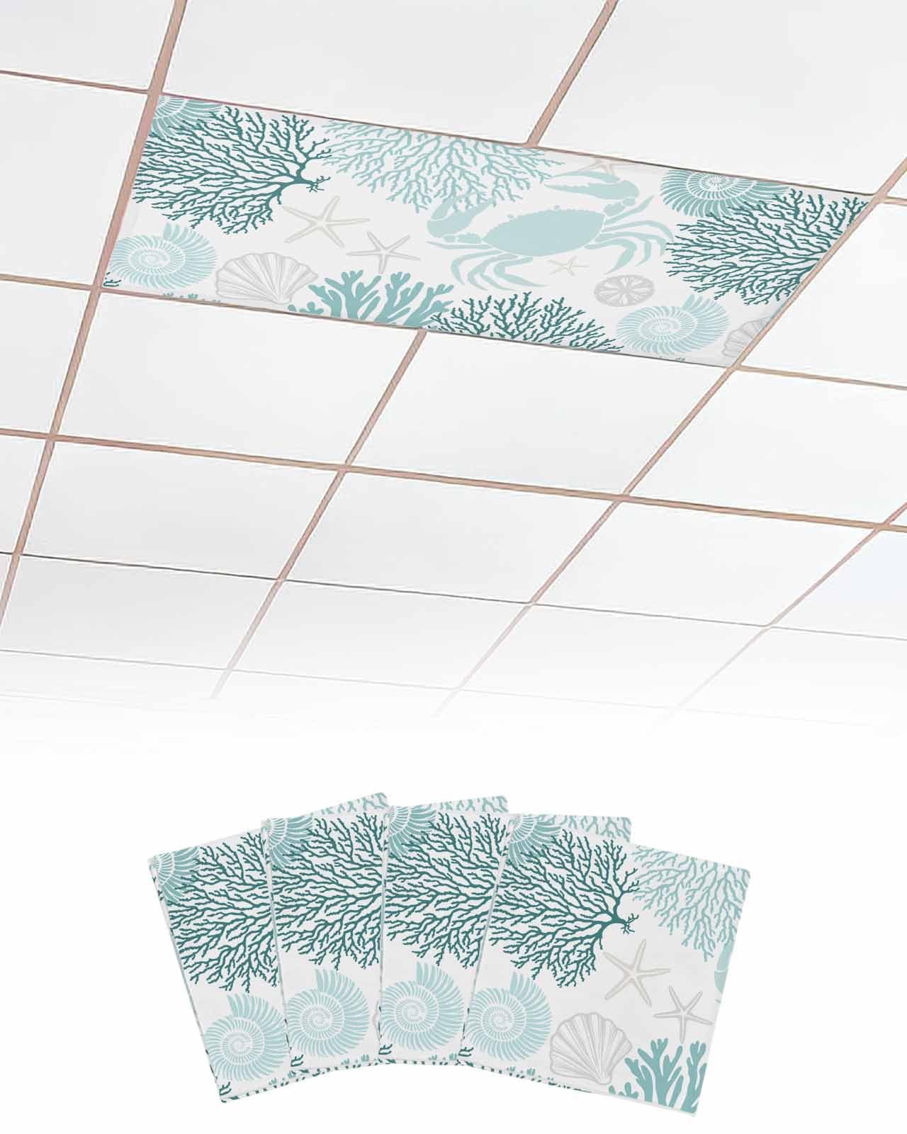 Ocean 4 Pcs Fluorescent Light Covers for Ceiling Lights, Teal Green Crab Coral Starfish Magnetic Light Filters for Eliminate Harsh Glare Classroom Office Decoration, 4 x 2 Ft