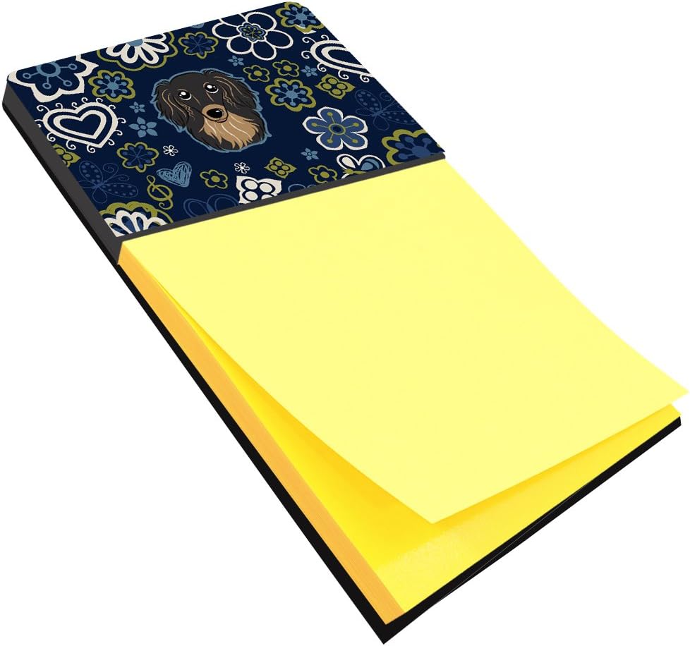 ブルー花ロングヘアブラックとタンダックスフントSticky Noteホルダーbb5064sn
