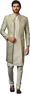 kisah Men's Beige and Silver Indo-Western Kurta Sherwani Churidar Set Cotton Full Sleaves, Knee Length, Straight, Regular Fit, Mandarin Collar Ethnic Wear-picture-11
