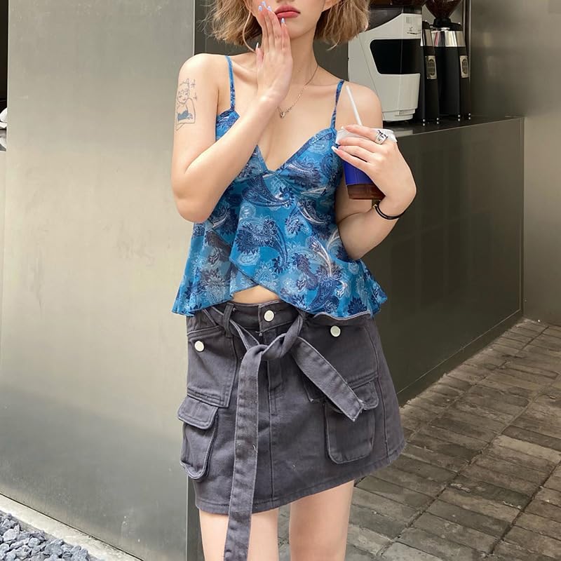 Women's Retro Printed Halter Top,Mesh Pleated Strappy Neck,Stylish Sleeveless Slim Top Base Layer2