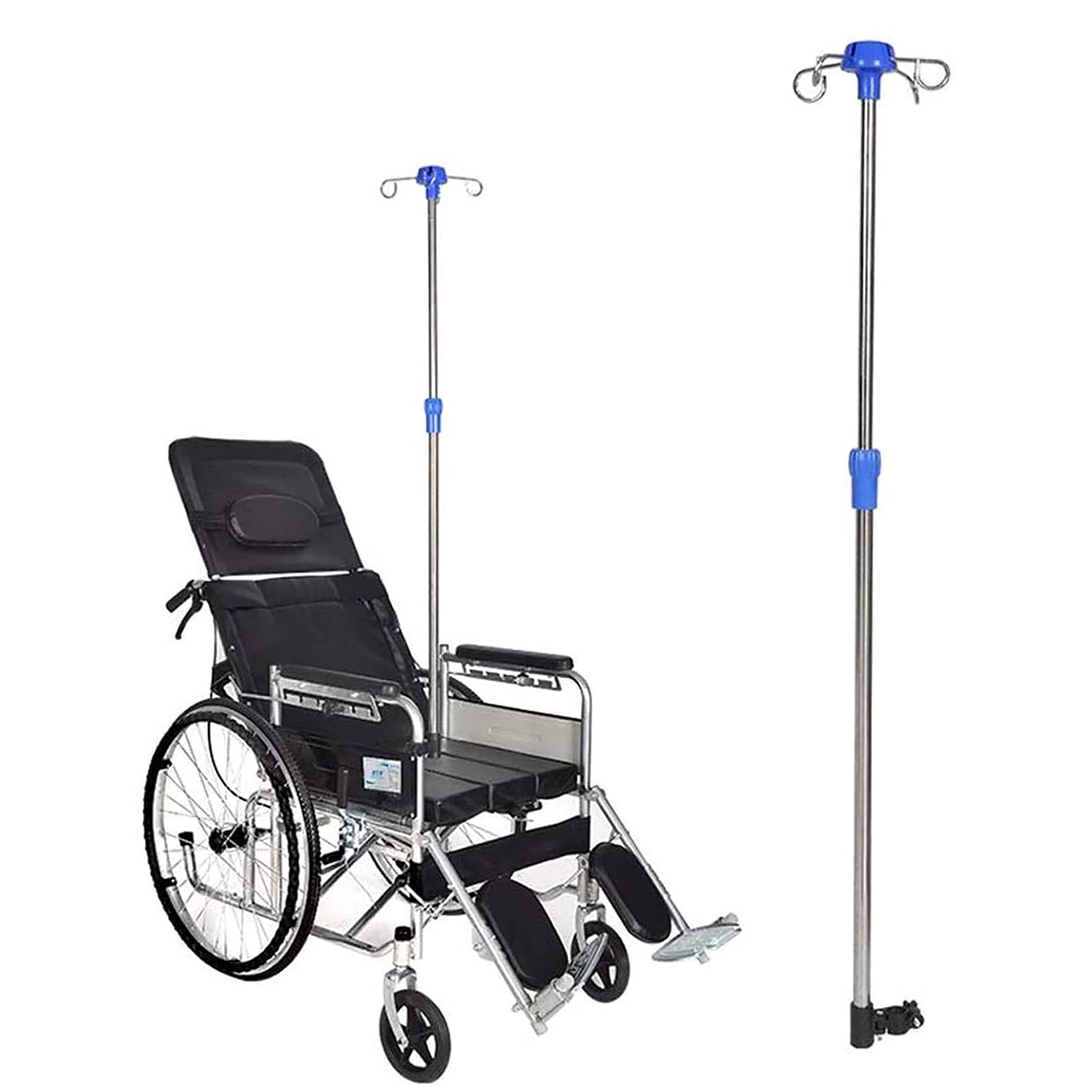 IV Infusion Stand for Wheelchair, Stainless Steel IV Pole Drip Stand with Multi-hooks, Adjustable Portable Infusion Holder for Disable