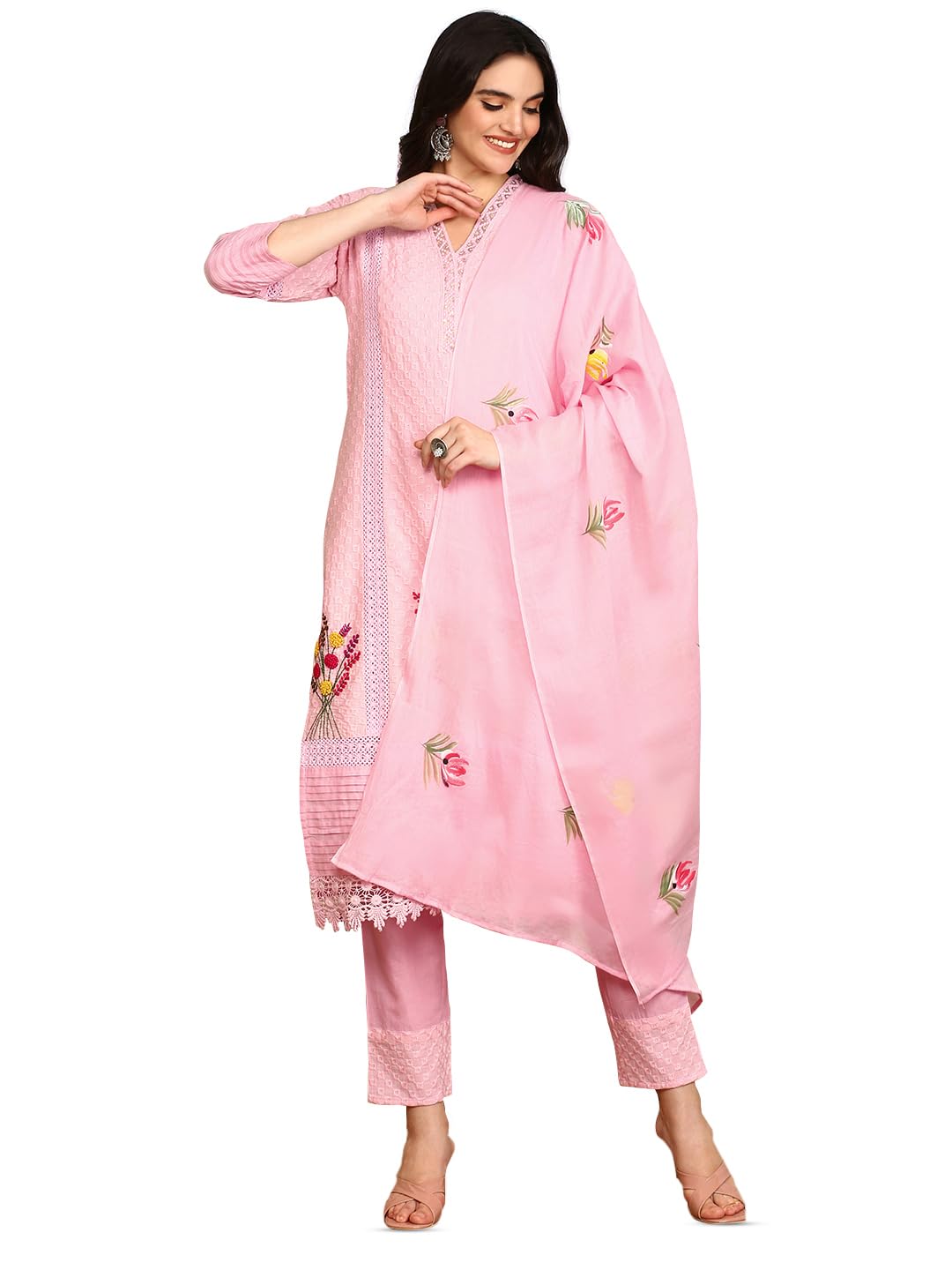 Pink Floral thread work V-Neck Pure Cotton Straight Kurta With Trousers & Dupatta | Kurta set for women | Kurta with trousers and dupatta-image-16