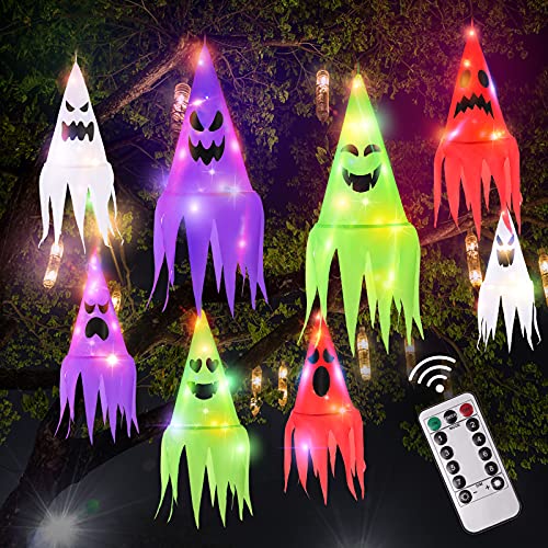 Unomor 8PCS Halloween Hanging Lighted Ghost Witch Hats with Battery Operated LED String Lights,8 Lighting Modes with Remote Controller,Outdoor Hanging Decoration for Tree Porch Yard