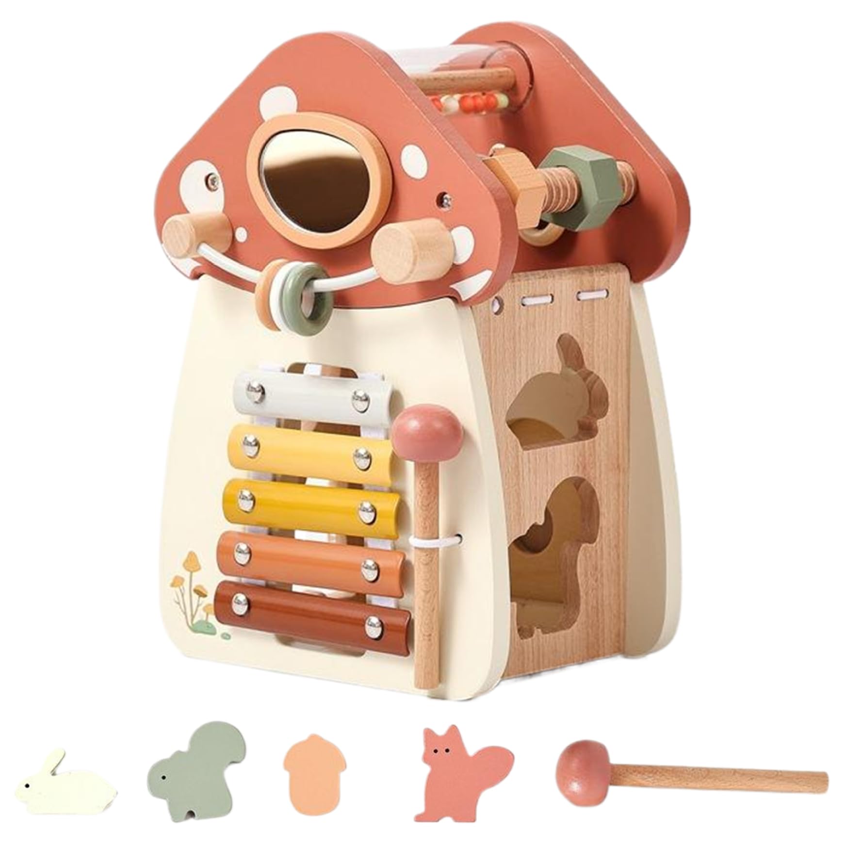 Jorzer Cubo dell'attività del Bambino, 5 su 1 Giocattoli per Bambini in Legno Educational Learning attività a Forma di Funghi cubo per Bambini Regali di Compleanno per e Ragazze