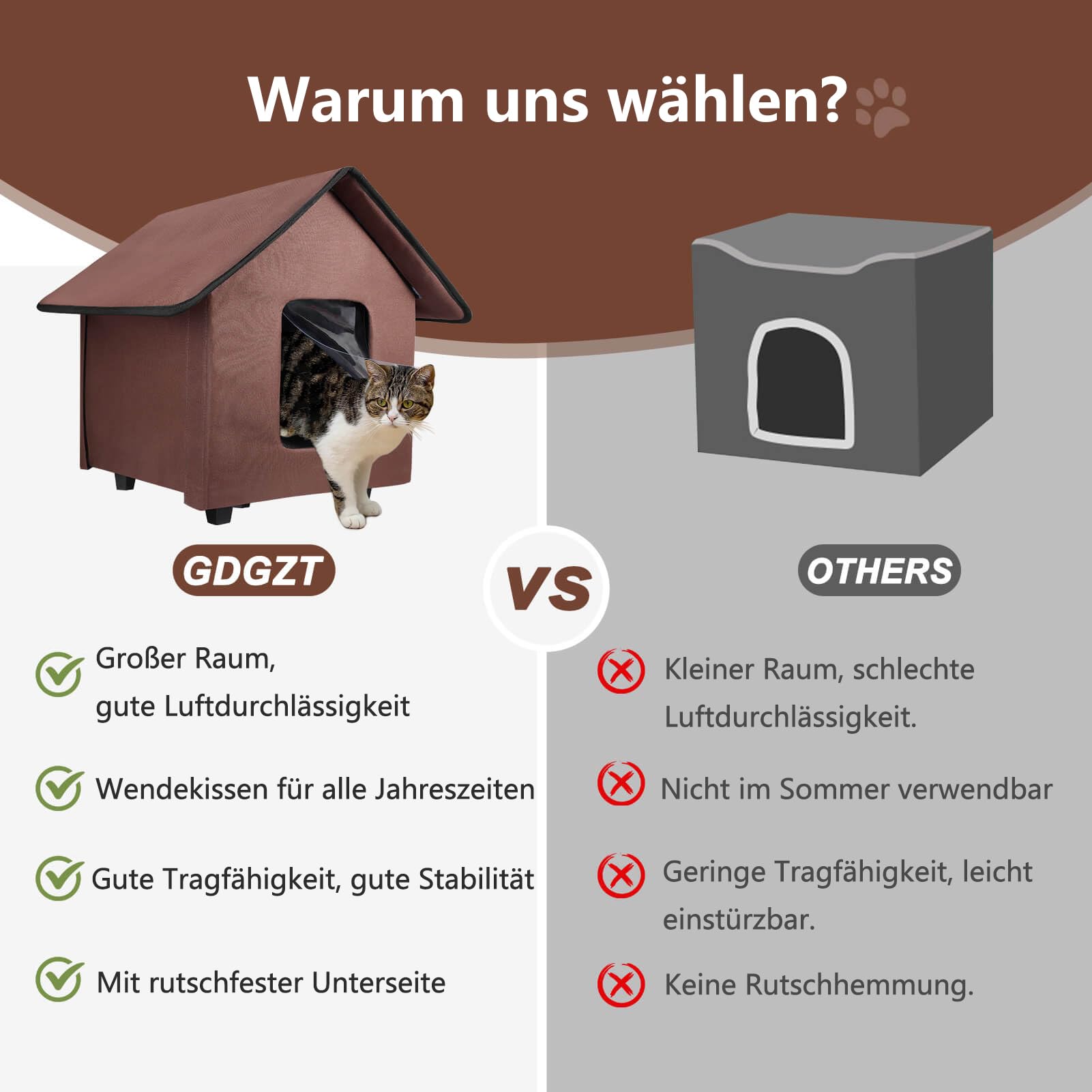 Caseta para gatos al aire libre, impermeable, con suelo elevado y cojín extraíble, plegable, para exteriores, casa de invierno para gatos salvajes y perros pequeños, color marrón
