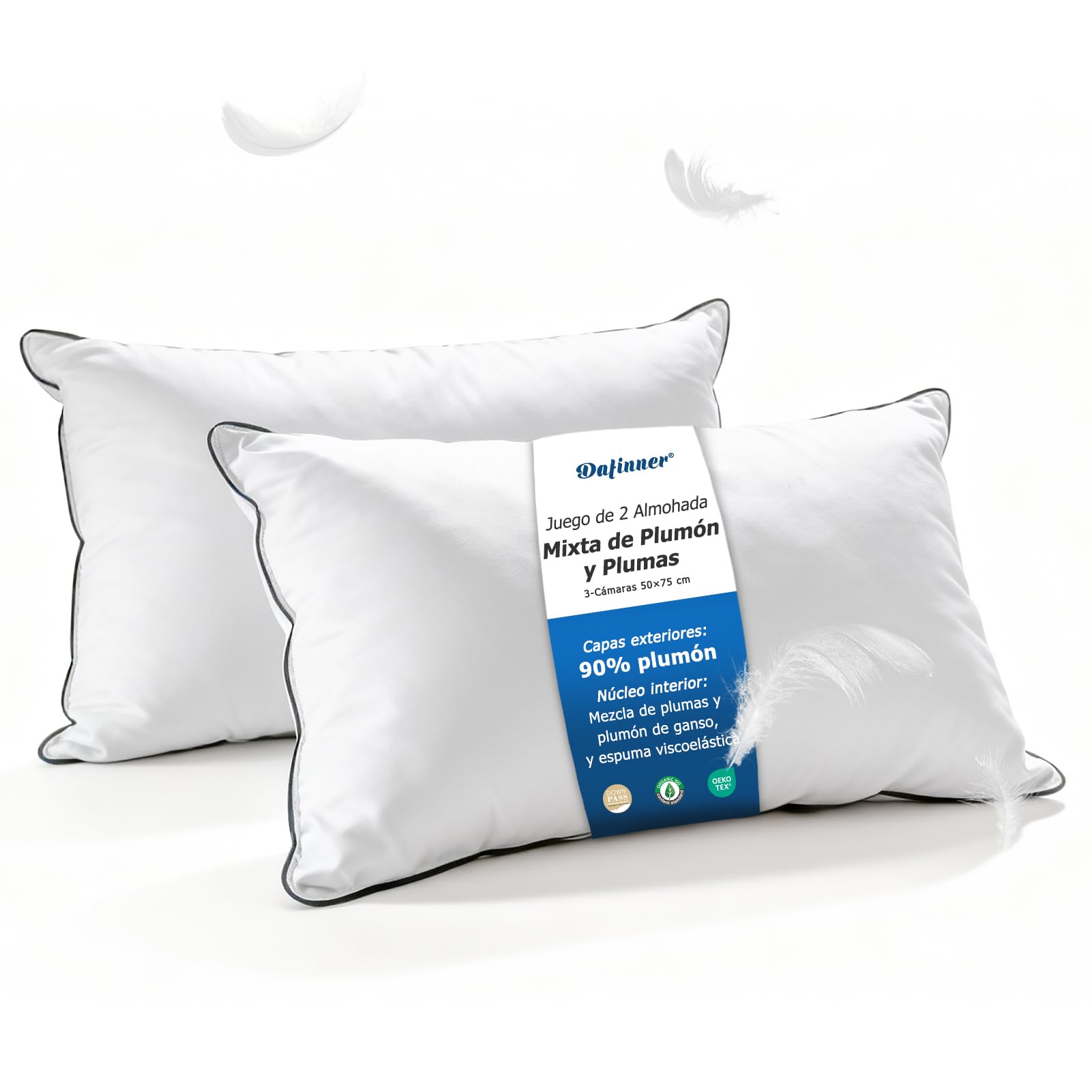 Dafinner 3 cámaras Almohada 50 × 75 cm-2 Unidades, 90% plumón cámaras ext. | Mezcla plumas int. |Oeko-TEX Downpass | Soporte medio | Funda algodón orgánico