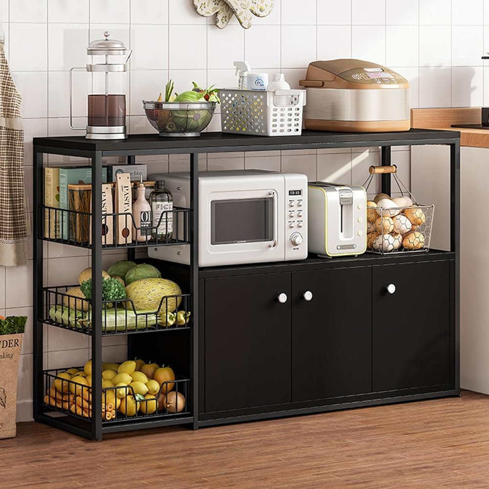 3Tier Kitchen Baker's Rack Utility Microwave Oven Stand with Storage Cabinet Black 39.3IN Free Standing Kitchen Shelves Organizers Storage Cart Workstation Shelf