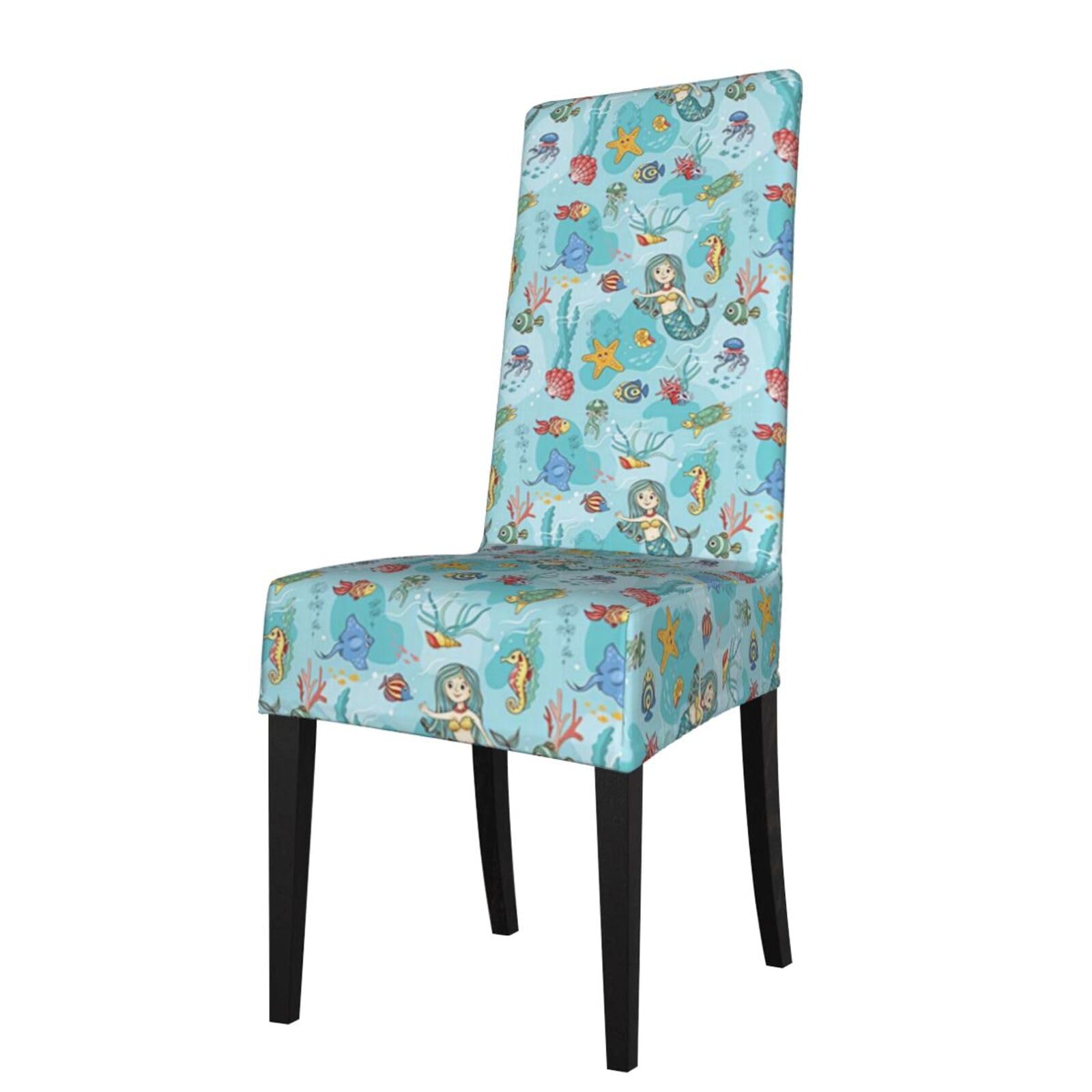 YYHWHJDE Mermaid Tropical Jellyfish Goldfish Cheering Seahorse Prints Dining Chair Throw Covers – Stretchable Polyester Blend Protects Your Chairs with Easy Style & Easy Care