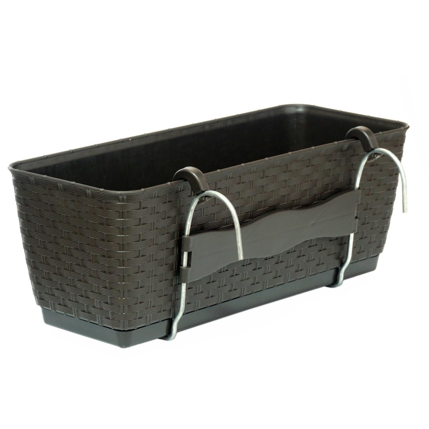 Hanging Rattan-Style Self Watering Flower Box Planter Rectangular Plastic Balcony & Fence Basket with Hooks – Weather-Resistant Indoor/Outdoor Window Box (Umber, L38.6cm xW15.4cm x H14.2cm)
