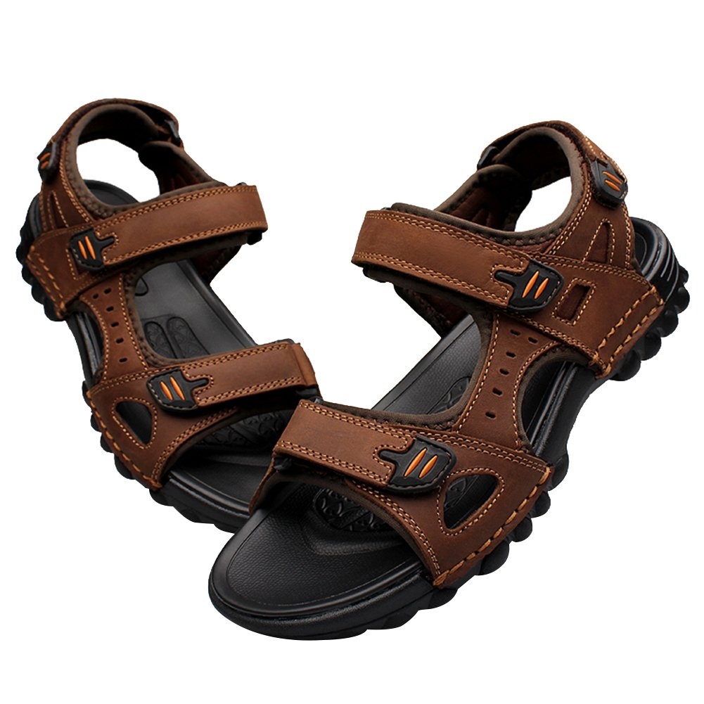 rismart Hombre Punta Abierta Casual Gancho y Bucle Intemperie Trekking Cuero Sandalias Zapatos