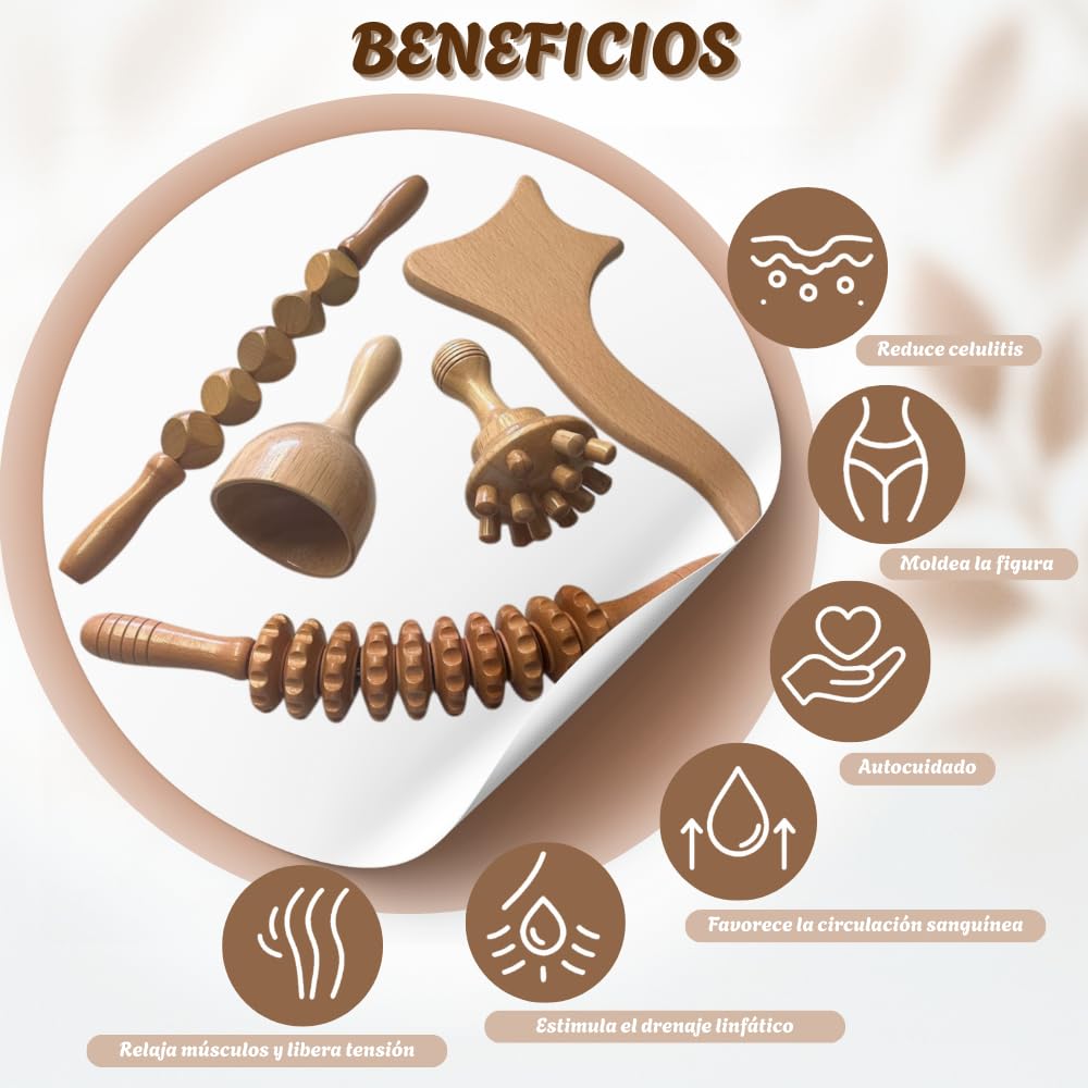 Pack de Maderoterapia Corporal Profesional para Masajes Relajantes y Celulitis con Instrucciones Qr – Compuesto por Tabla Moldeadora, 2 Rodillos, Champiñón y Copa.