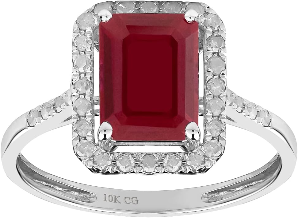 10k White Solid Gold Emerald-cut Gemstone and Natural Diamond Halo Birthstone Engagement Ring