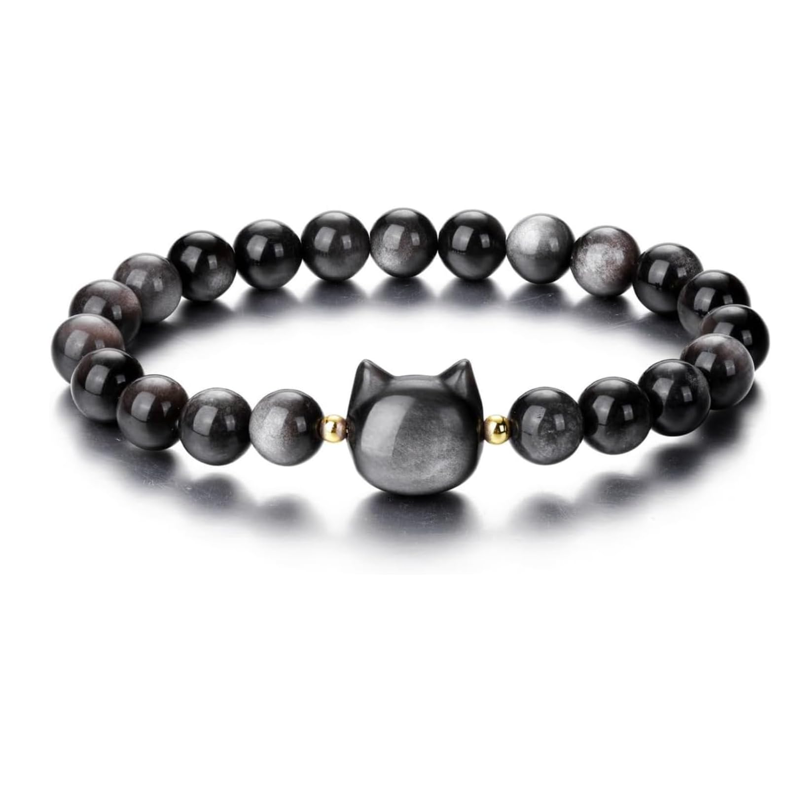 Cat Black Obsidian Bracele,Stretch Cat Stone Bead Bracelets Cool Good Luck Presents for Women Men Girls or Cat Lovers
