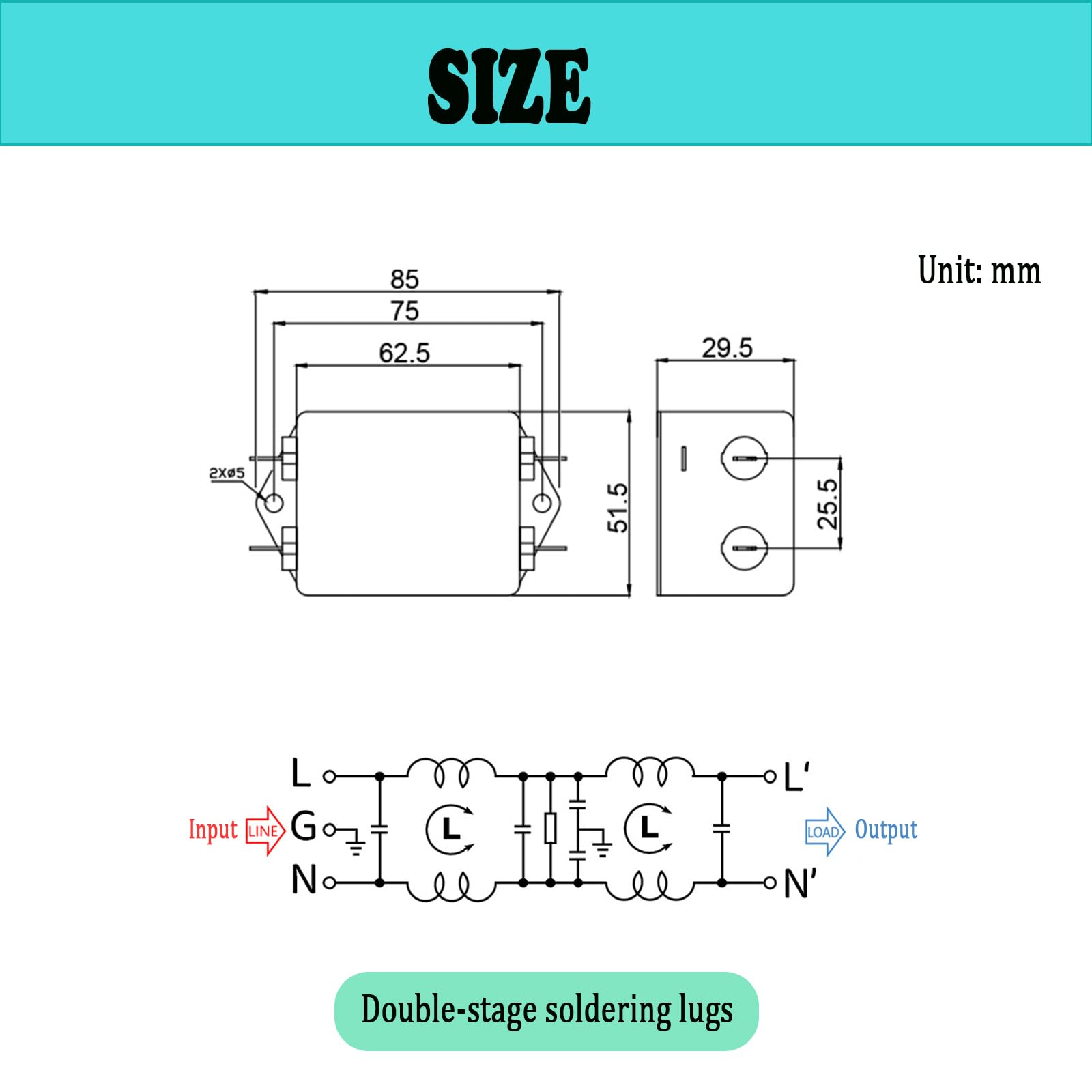 Filtro di rete EMI, filtro di potenza EMI, filtro di rete, filtro monofase, 115 V/250 V, 20 A, 50 / 60 Hz, filtro di alimentazione, CW4L2-20 A-T (A)
