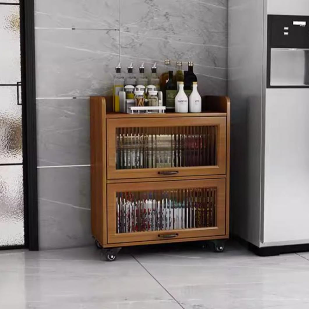 YVYKFZD Rolling Spice Rack, Slim Storage Cart, Mobile Kitchen Utility Cart with Wheels and Tempered Glass Doors, Narrow Standing Shelf, Space Saving Bathroom Organizer(Walnut,3 Tier 19.6"x15.7"x35.7")