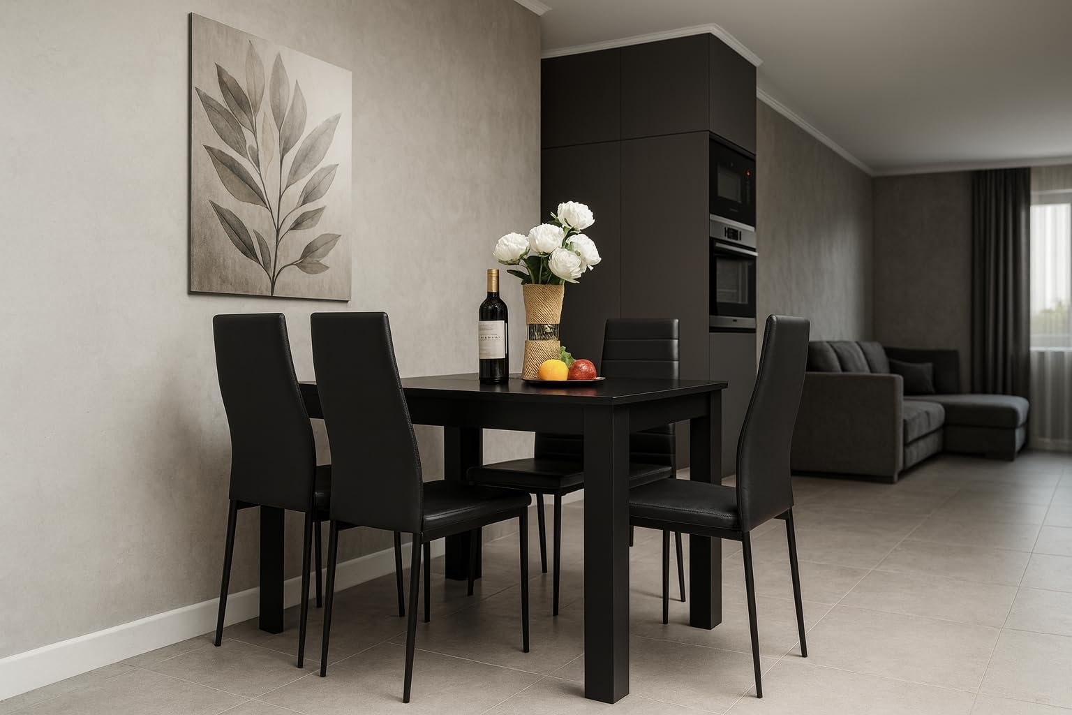 GERMAN Essgruppe Set Tisch und Stühle, Esstisch und 4X Stuhl, strapazierfähiges Kunstleder, Küchenstühle modern, Küche - schwarz