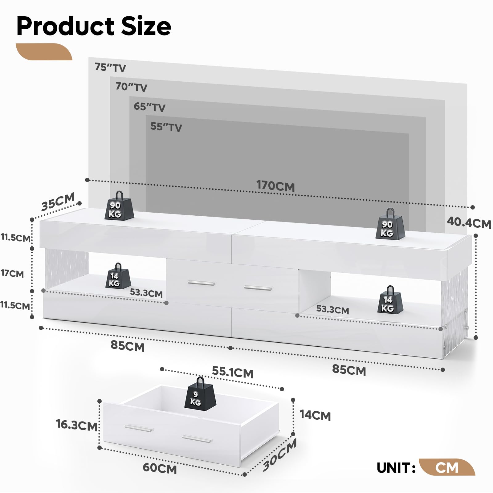 Bestier Mobile TV per TV da 75 pollici,moderno mobile TV laccato lucido,centro di intrattenimento a LED con ampio cassetto,consolle TV per soggiorno e camera da letto(bianco)
