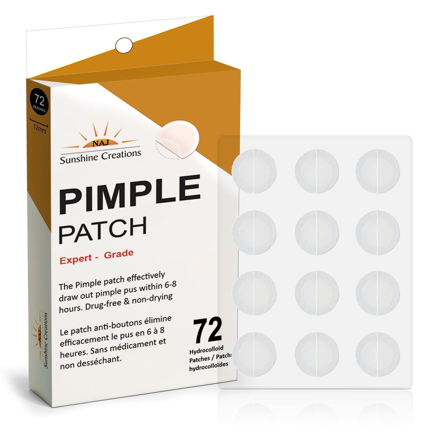 NAJ Pimple Patches For Face (72 Patches) Hydrocolloid Pimple Patches for Face Care, Round Design Tapered Blemish Patches
