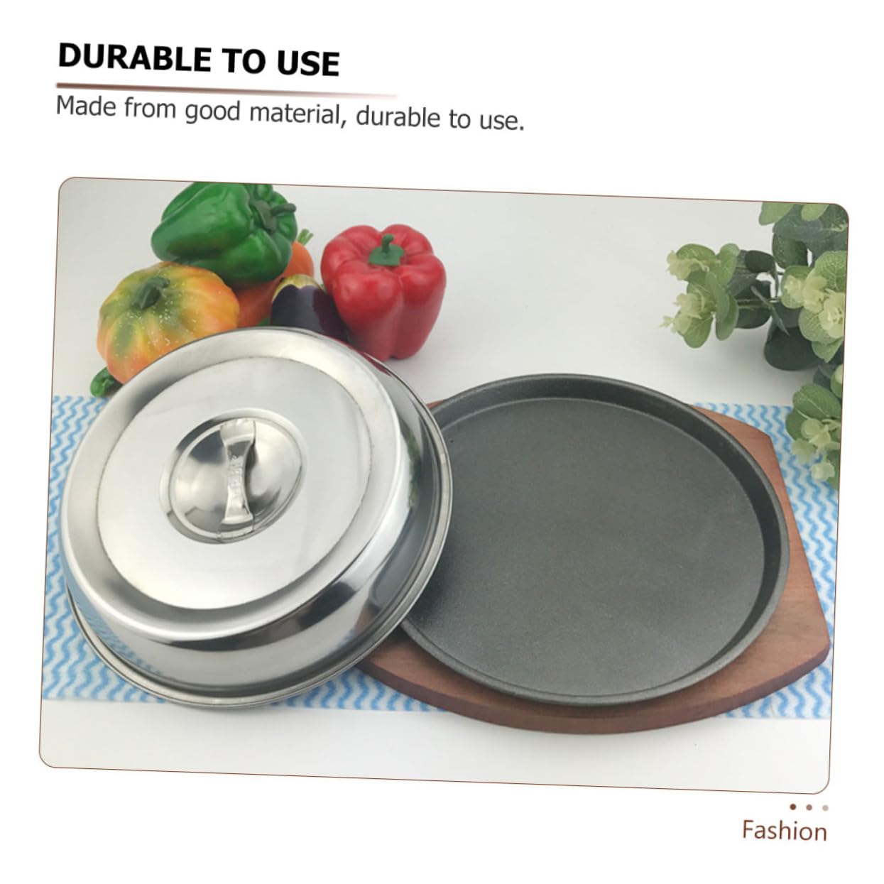 OUNONA Grillplatte Runde Antihaft aus Metall mit Holzbrett und Deckel Stab Resistant Oberfläche für Westliche Speisen und Grillgerichte