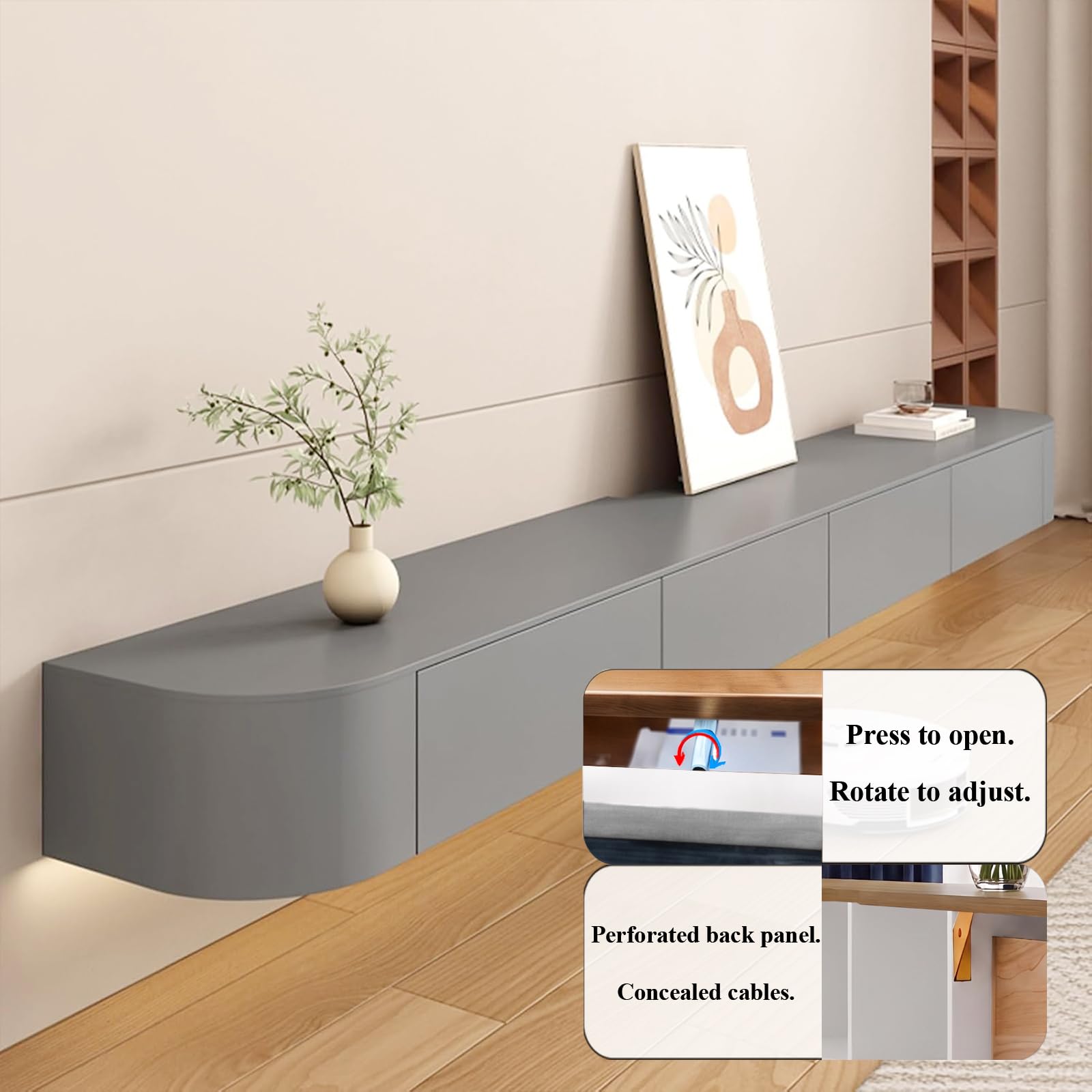 Mobile sospeso tv con 4 cassettiera,Console Multimediale camera da letto, hall, hotel, sala intrattenimento,mobili soggiorno supporto tv 220CM|86.6" Grigio