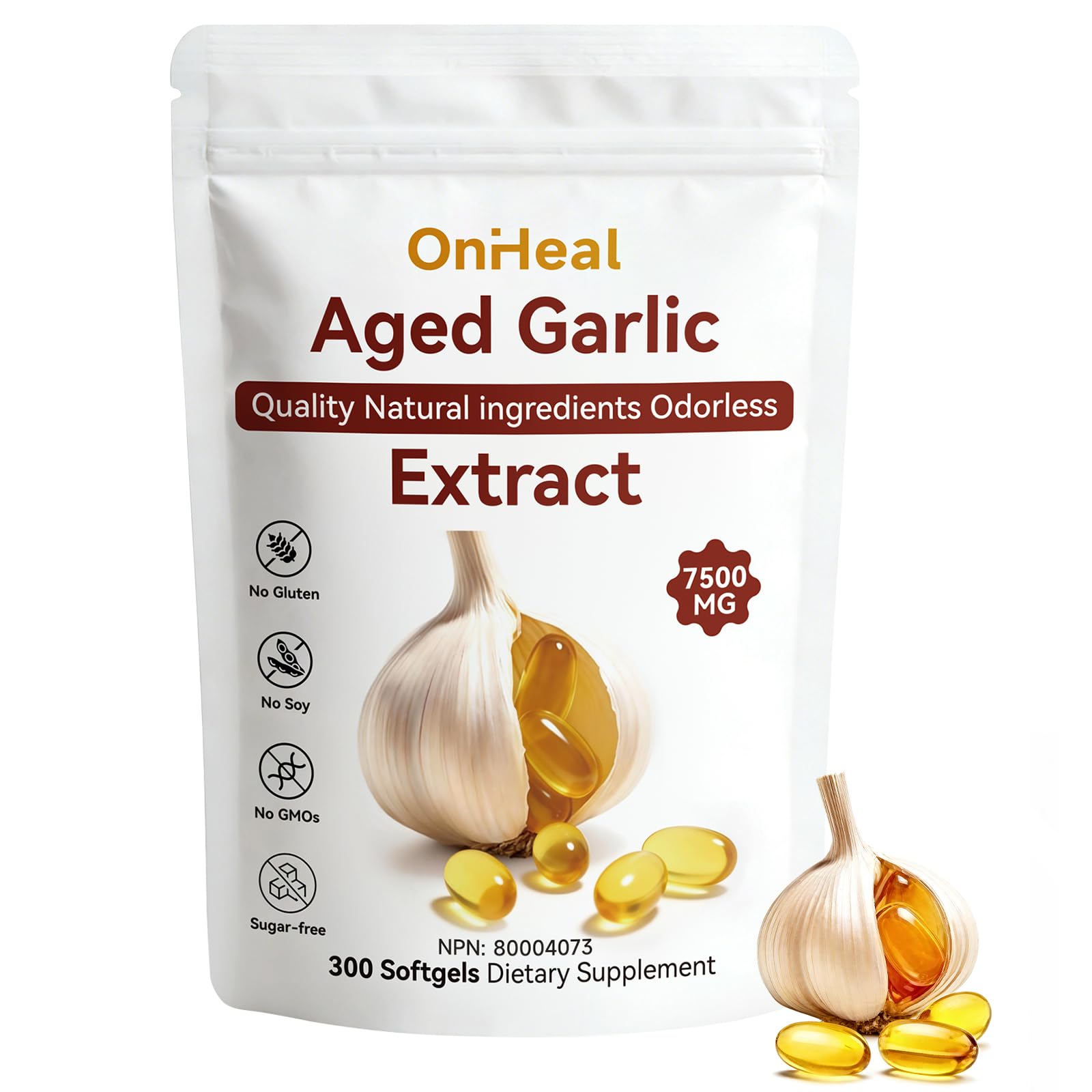 OnHeal Aged Garlic Extract Capsules, 300 Count 7500mg Odorless Garlic Supplement, Rich in Magnesium, Chromium, Vitamin B1 & B9, Supports Immune Health and Heart Function | 2-Year Aging | Antioxidant Benefits - 2