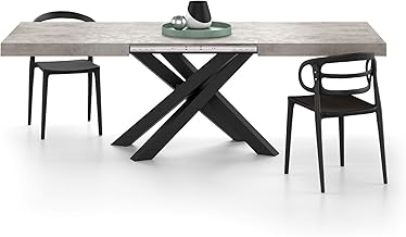 MOBILI FIVER, Emma Extendible Table, 160 (240) x 90 cm, Grey Cement with Black Cross Legs, for 6-10 People, Extendable Dining Table, Kitchen, Living Room, Made in Italy