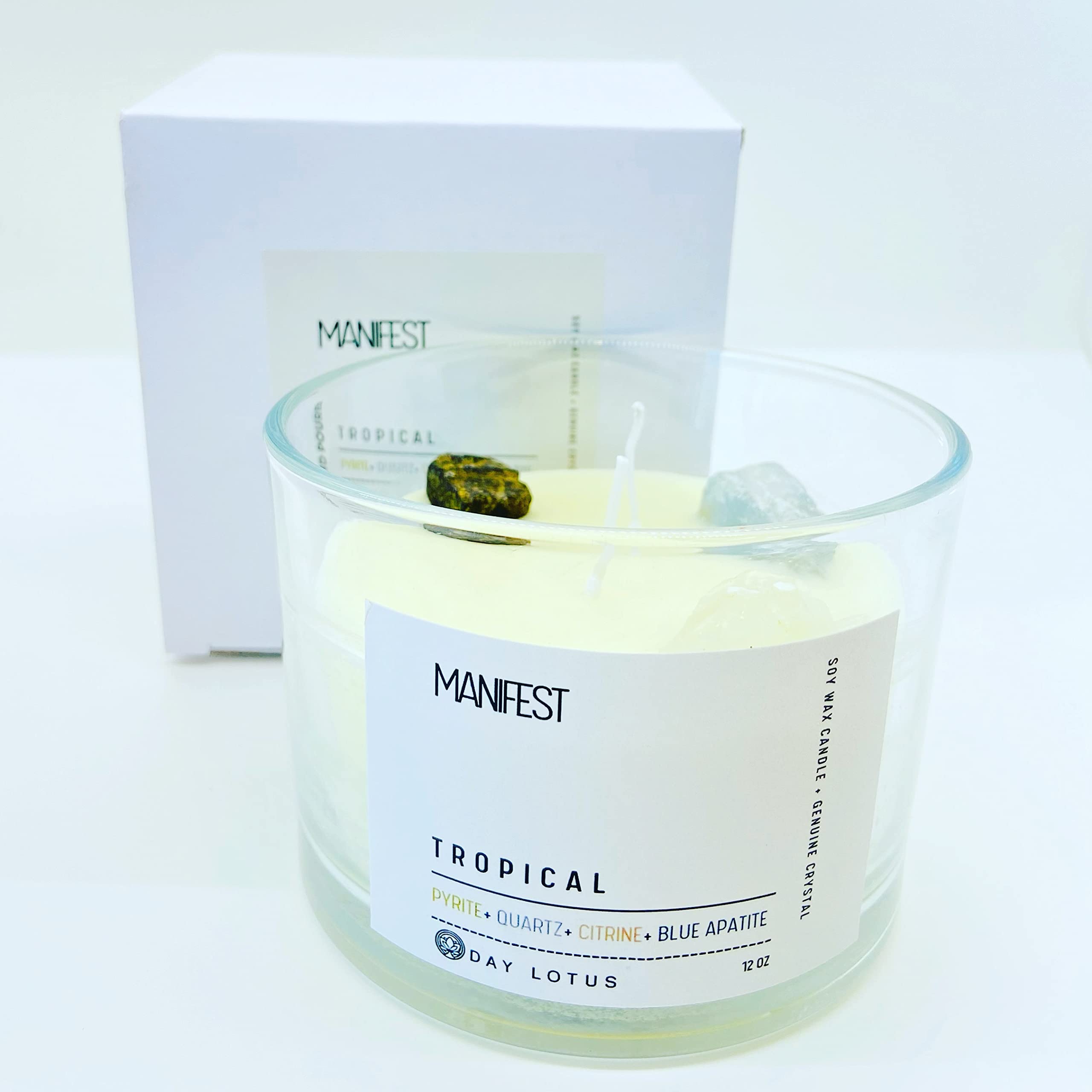 Crystal Candle 12oz - Soy Wax Non Toxic Plant Wax - Healing Crystals Emit Good Energry in Home Work Office - Aromatherapy Candle, Metaphysical Gifts for Men or Women. Genuine Stones: Tropical Forest