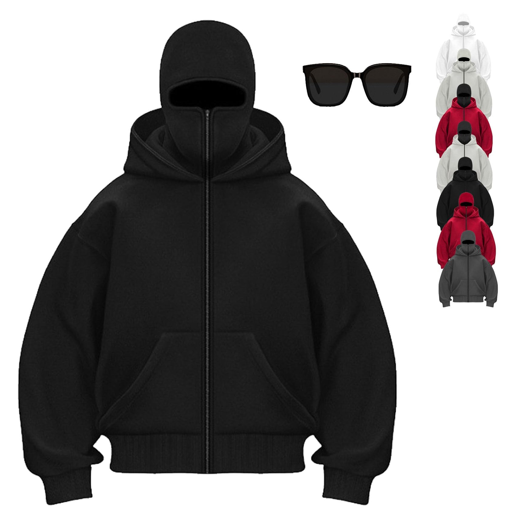 Balaclava Hoodie with Built in Balaclava, Double Hooded Zip Jacket Wind-resistant Winter Hoodies with Mask for Men