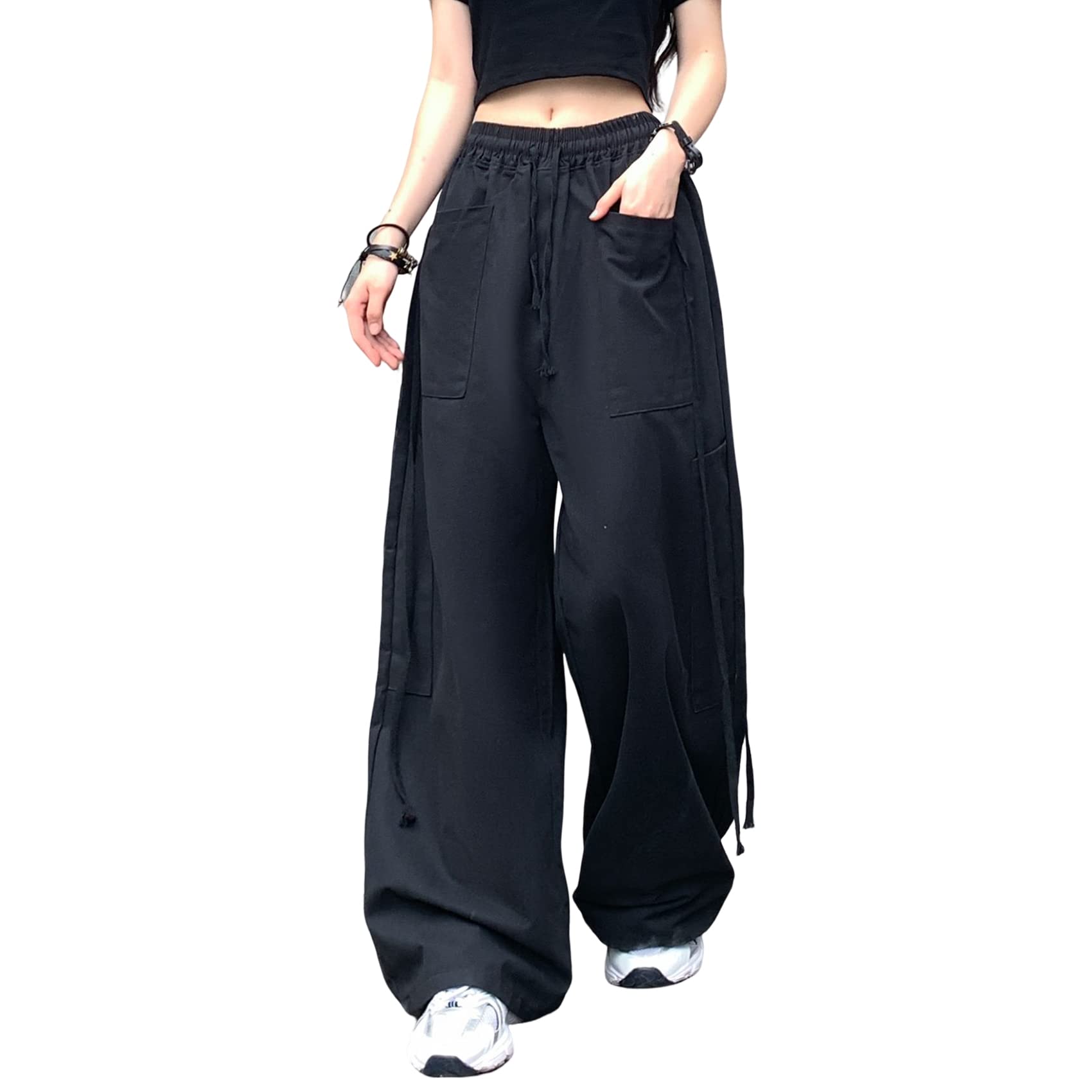 Hewlshawn Womens Pants Baggy Gothic Wide Leg Cargo Casual Trousers Y2k Harajuku Streetwear Loose Punk