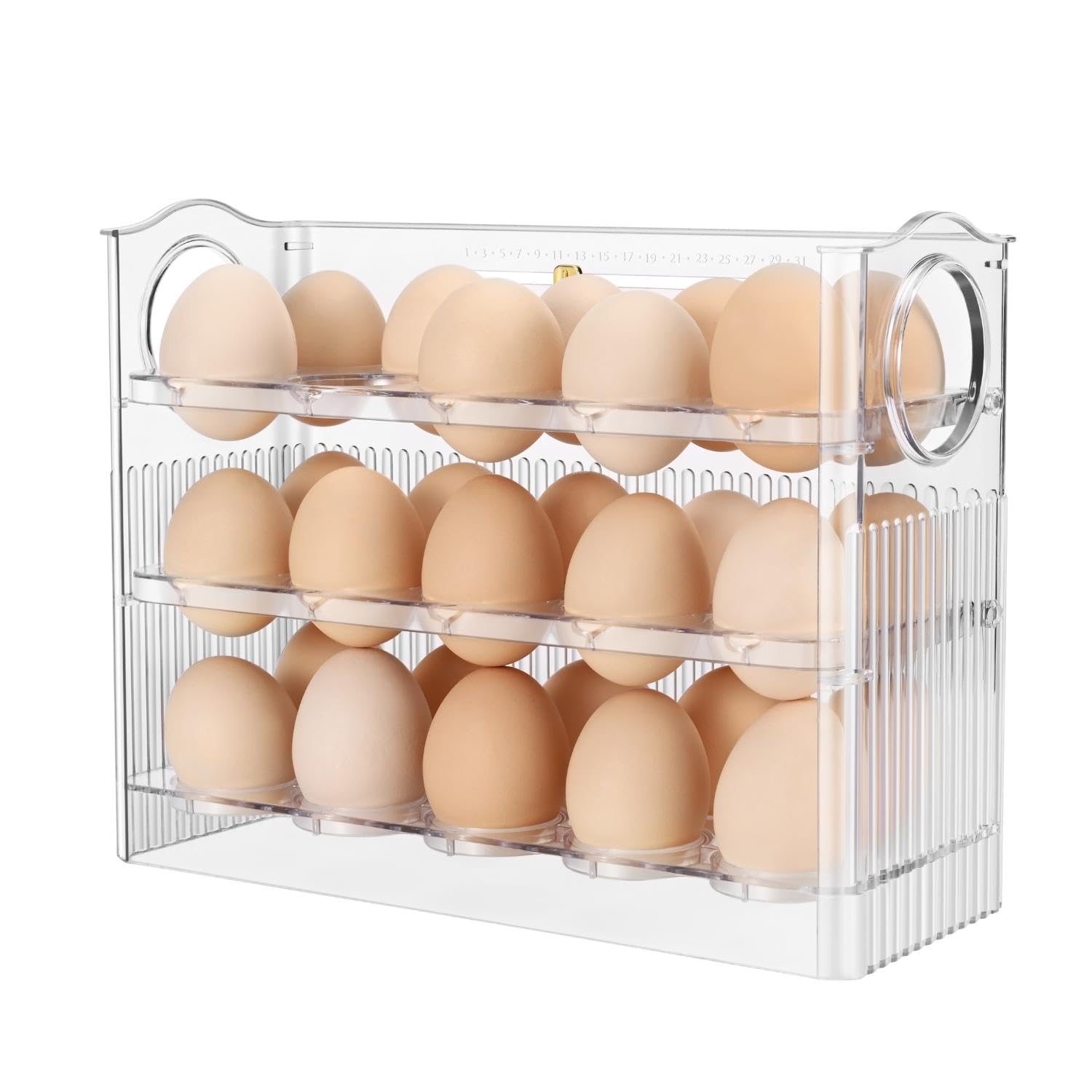 Flexzion Flippable Egg Fridge Organizer - Slim Egg Holder for Refrigerator Door 30-Egg Capacity Clear Egg Saver for Fridge 3-Layer Egg Storage Container for Refrigerator with Freshness Tracker