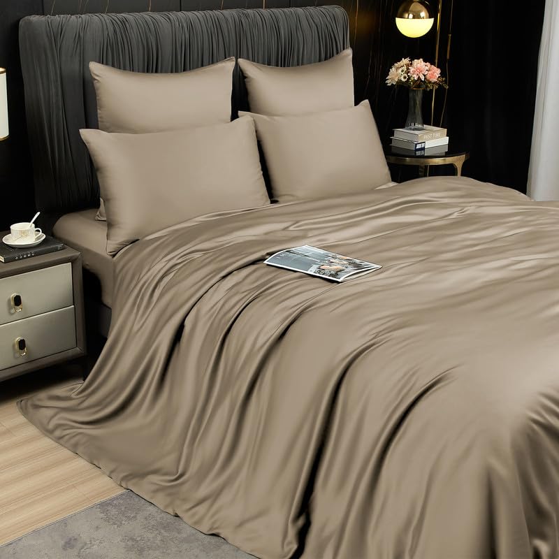 Gezu - Funda nórdica de bambú 220 x 240 cm, color marrón caqui, juego de cama de 220 x 240 cm, para adultos, 2 personas, fresco, Tencel Lyocell y ropa de cama de seda lisa, sedosa brillante, con 2
