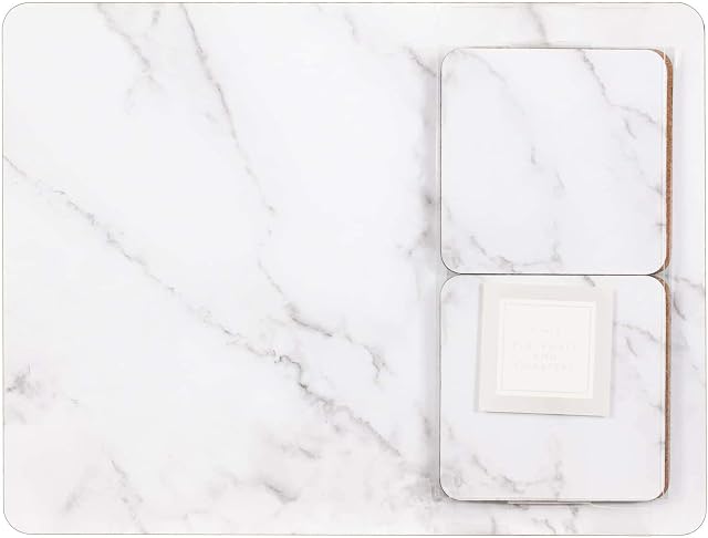 GBS Set Of 8 Marble Effect Glass Coaster And Placemat - Table Mats For Kitchen Dining Table - Cork Backed Placemats and Coasters Set 8 - Stain Resistant Laminate Finish Christmas Home Decor Gift -