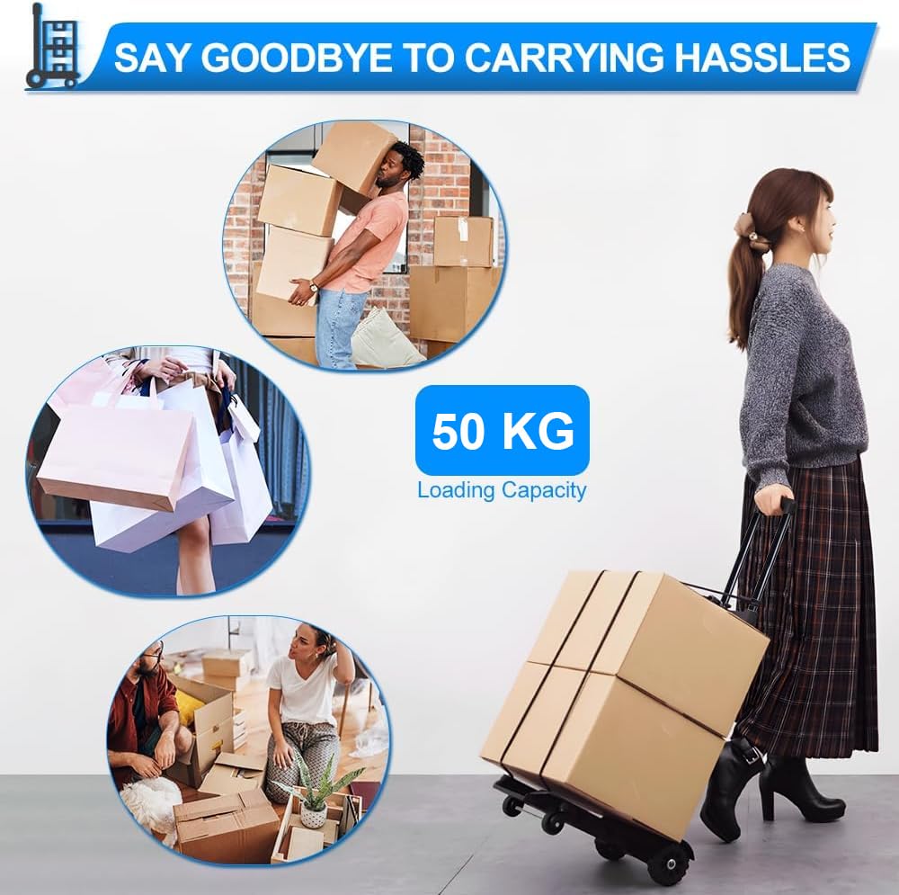 Carrello Pieghevole, 50 kg Carrello con Ruote Portatutto con 2 Corde Elastiche, Carrello Pieghevole per la Spesa e il Sollevamento di Carichi Pesanti